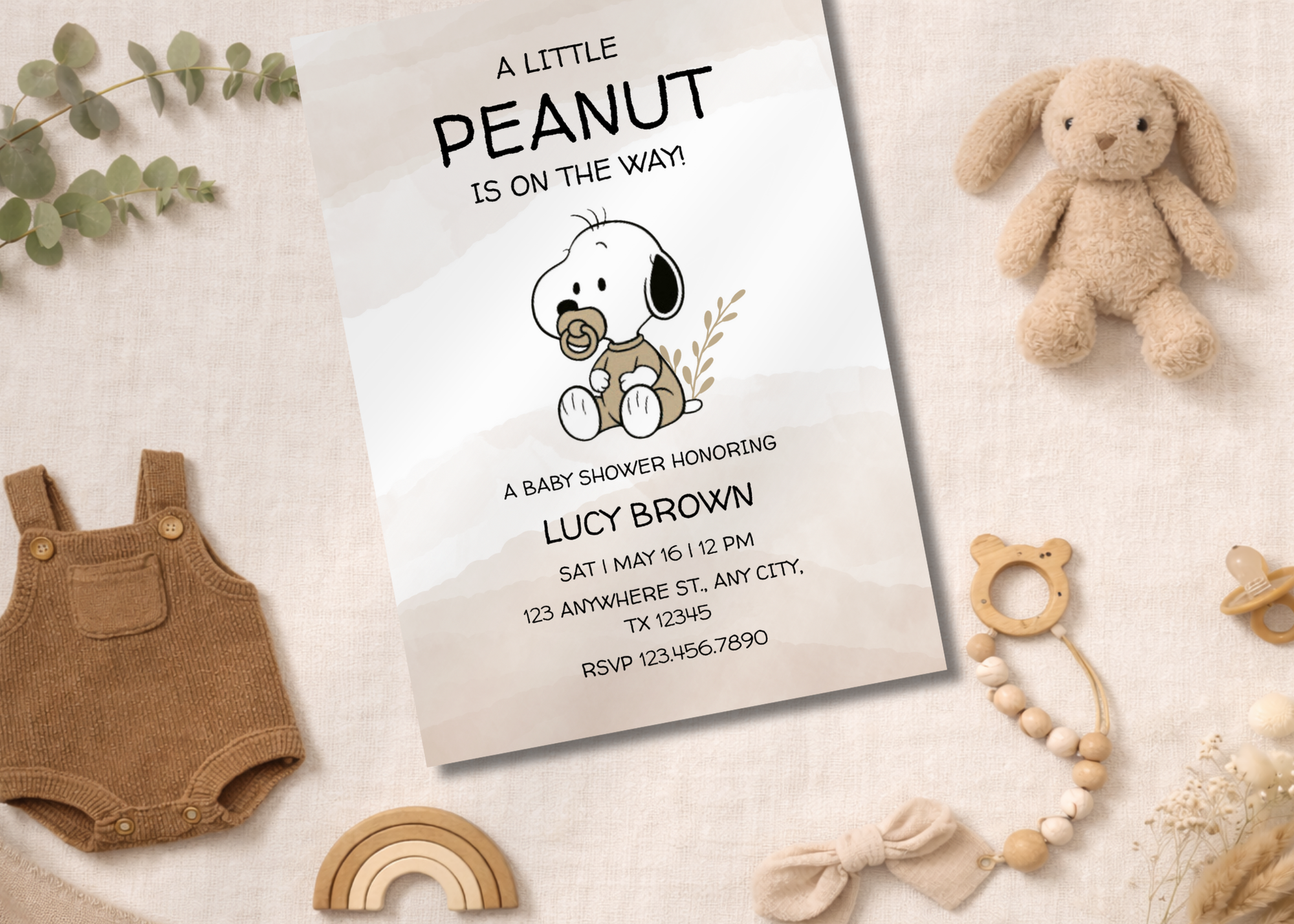 Neutral Boho Baby Shower Invitation Template | Peanut Baby Shower Invite | Editable Canva Baby Shower Invitation | Minimalist Neutral Baby Shower
