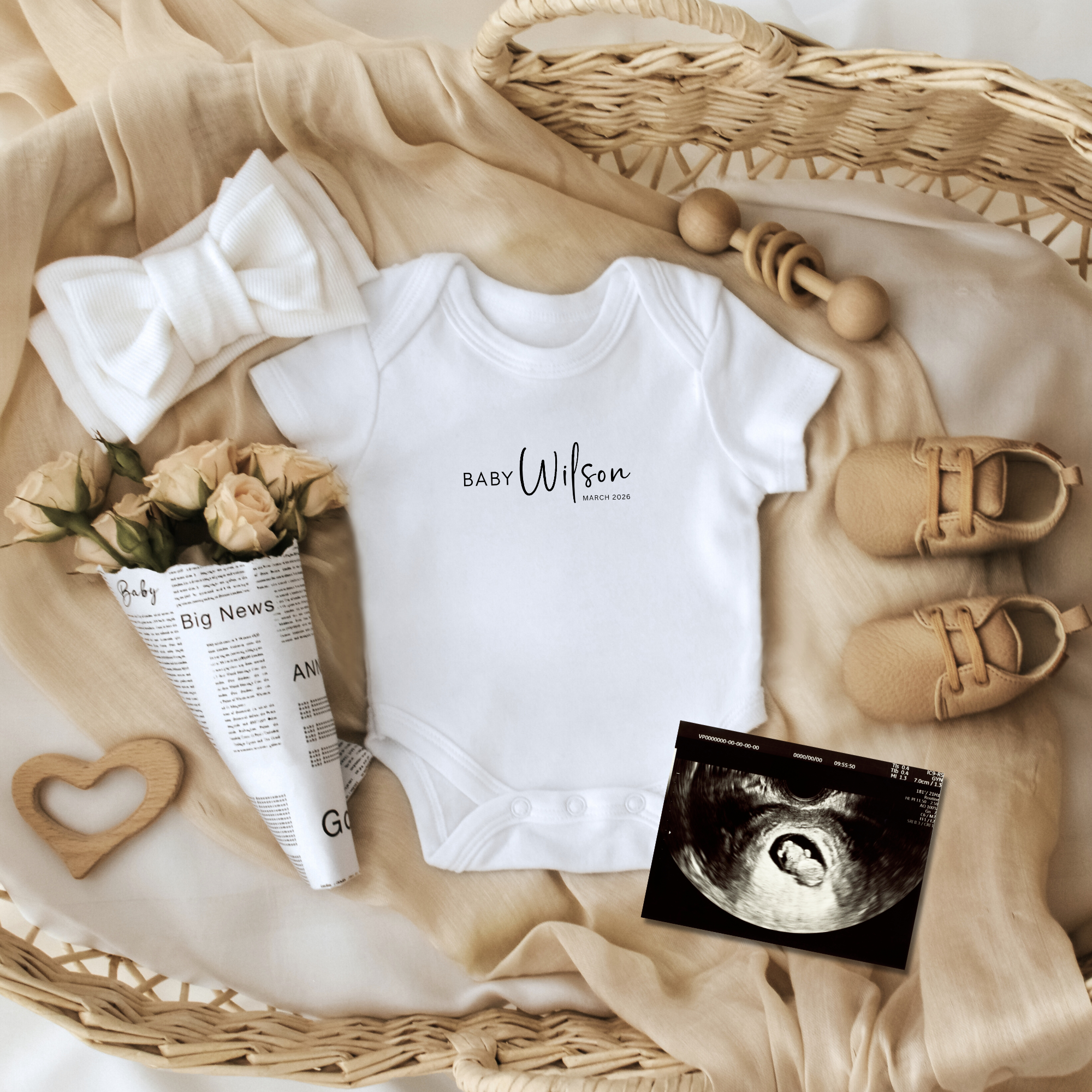 Personalized Baby Announcement Onesie | Custom Name & Date Rabbit Skins 4424 Infant Bodysuit | Pregnancy Reveal Outfit | New Baby Announcement