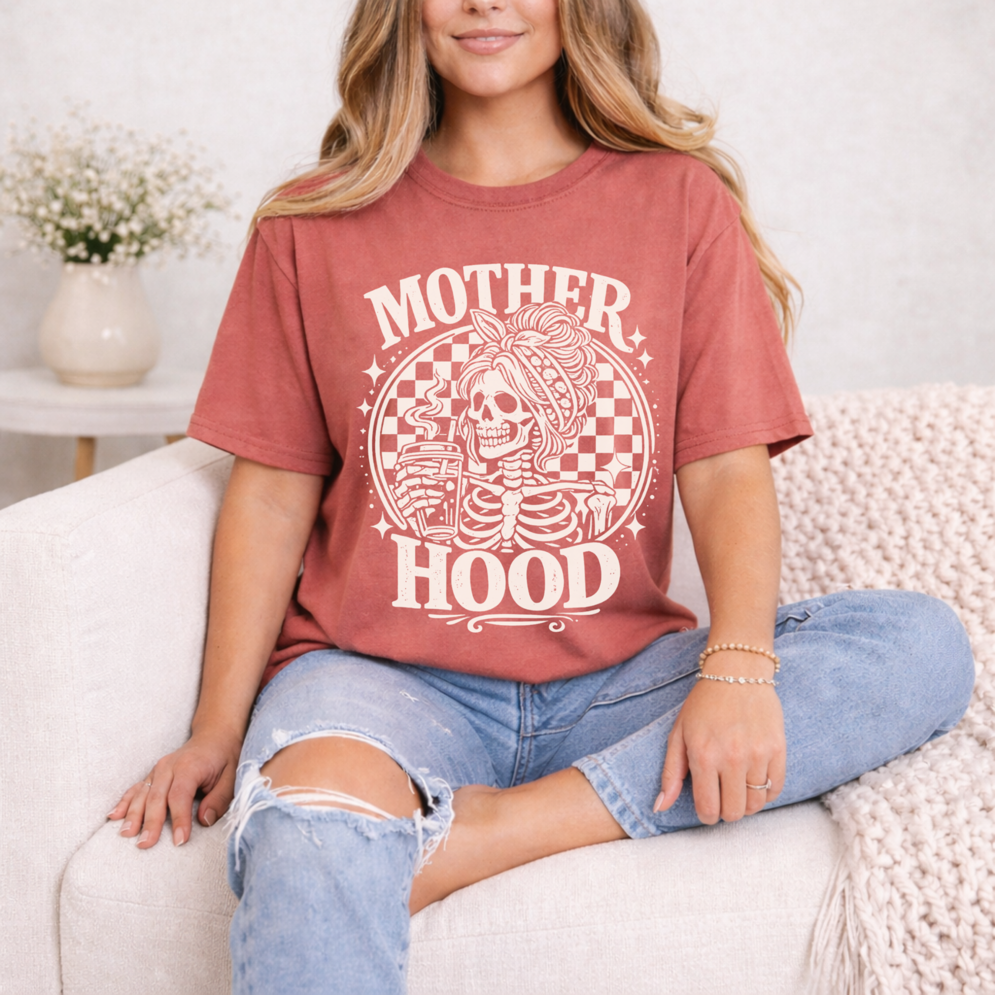 Motherhood Skeleton Coffee Shirt | Mom Life Graphic Tee | Funny Mom Shirt | Trendy Mom Tee | Coffee Lover Mom Gift