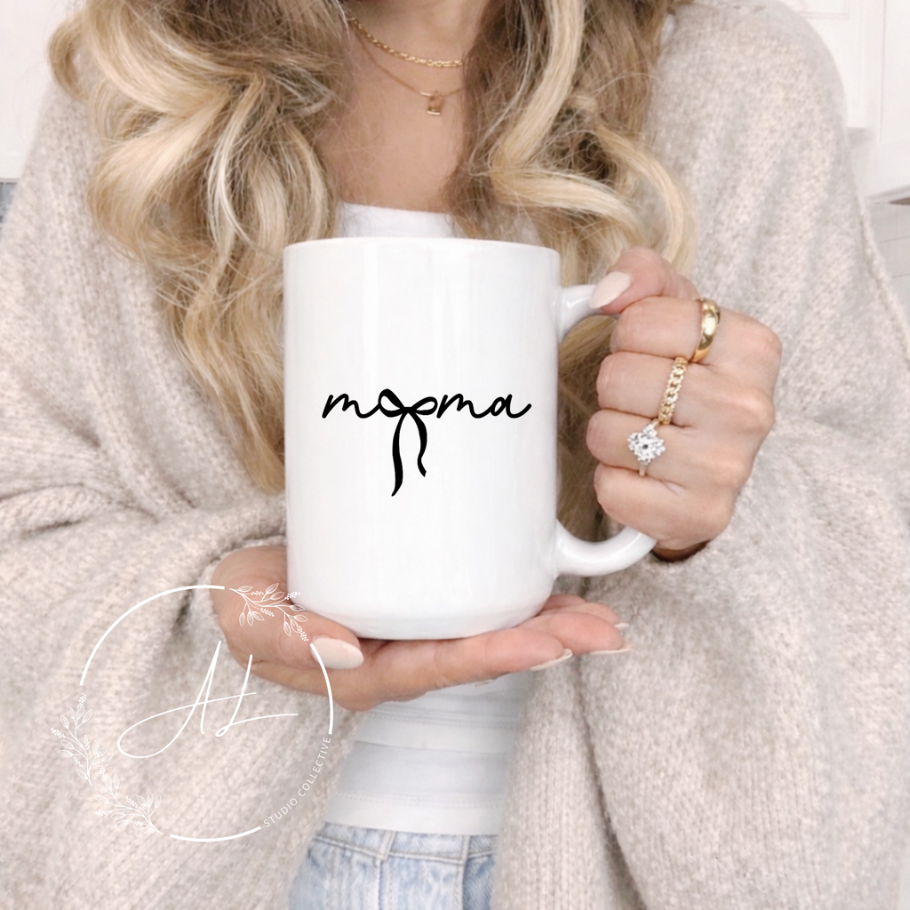 Mama Script Ceramic Mug — Minimalist 'mama' Design with Bow (11oz & 15oz)