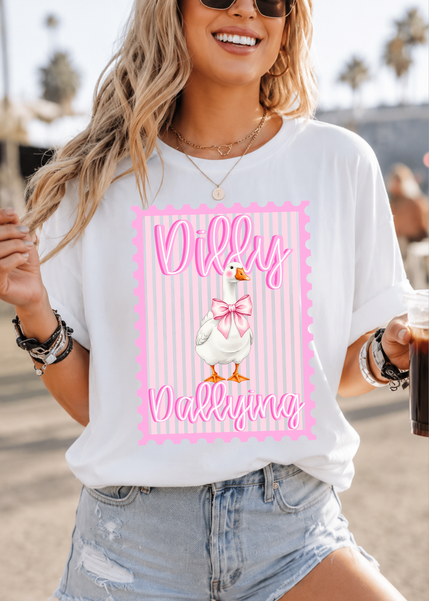 Dilly Dallying Goose Shirt | Pink Bow Goose Tee | Coquette Goose Shirt | Cute Girls Graphic Tee