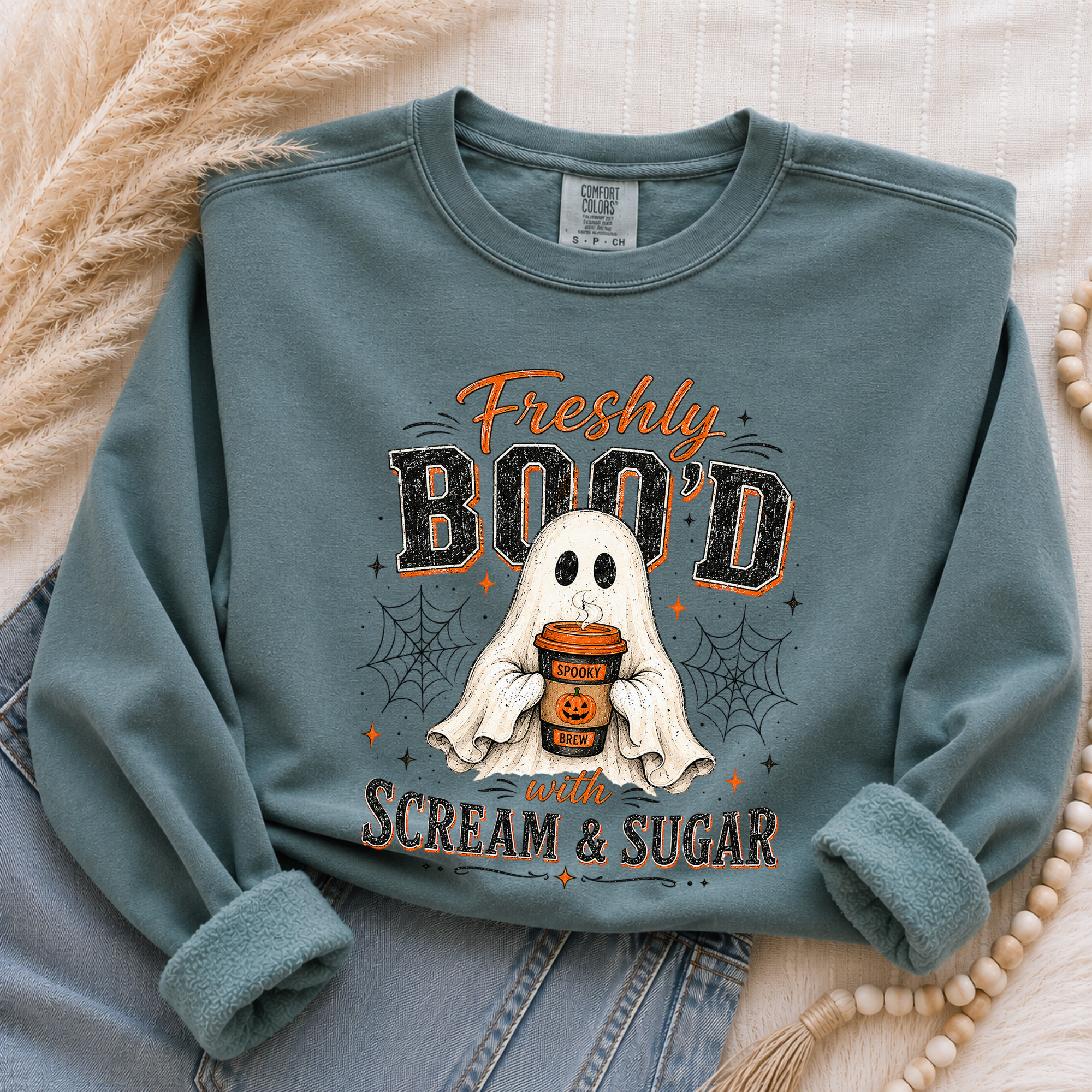 Halloween Ghost Sweatshirt - "Freshly Boo'd with Scream & Sugar" Cozy Pullover