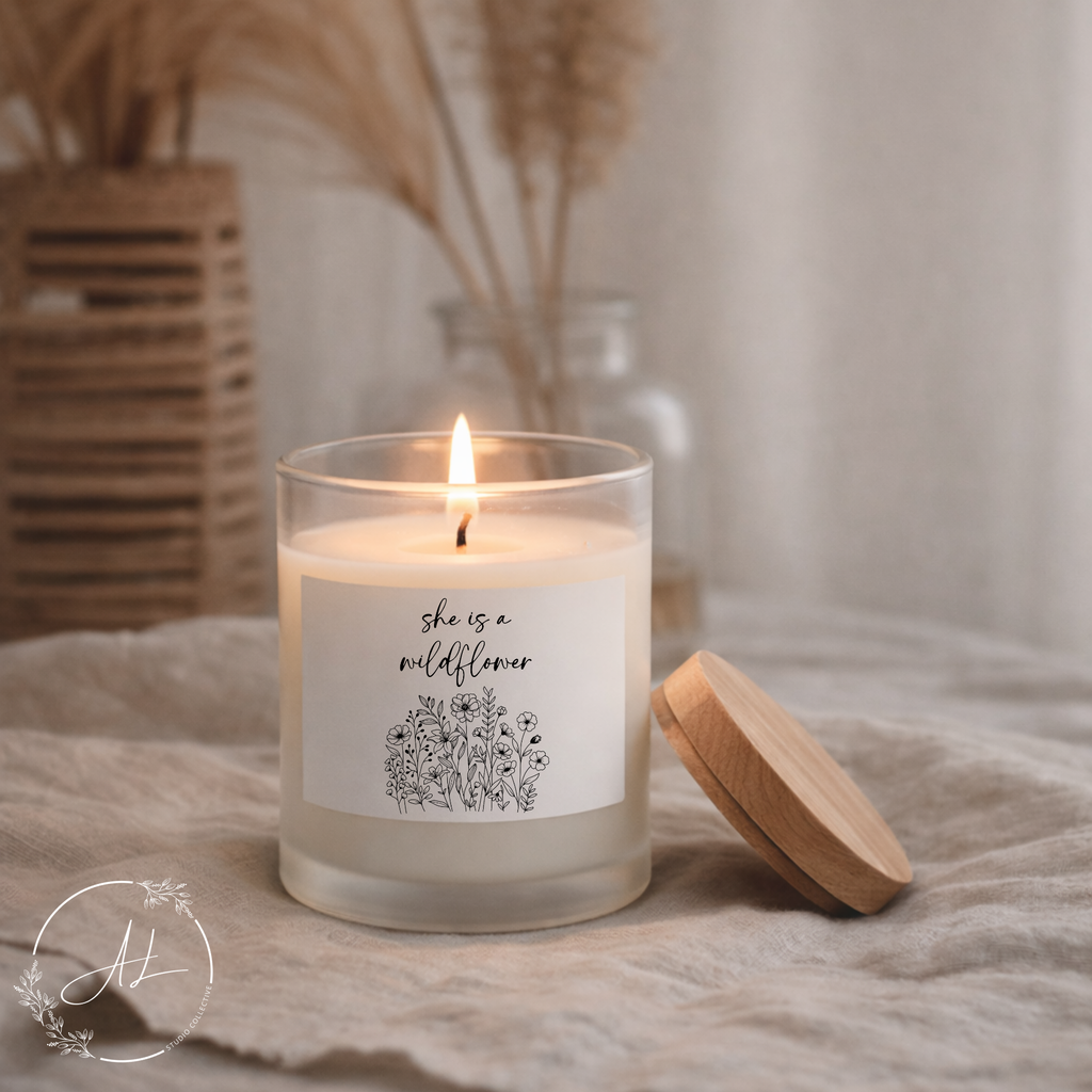 'She Is a Wildflower' Frosted Glass Candle — Wildflower Scent, 11 oz