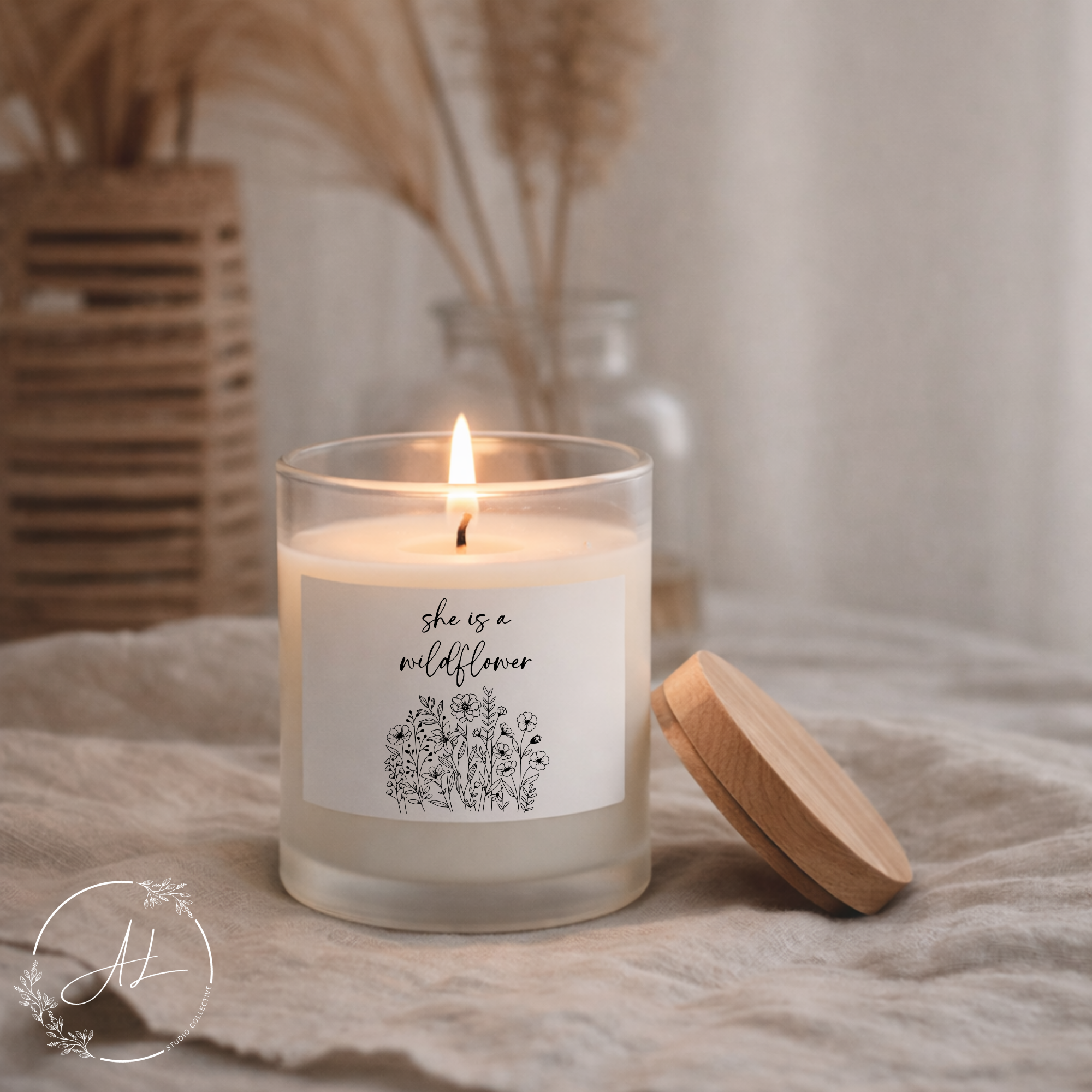 'She Is a Wildflower' Frosted Glass Candle — Wildflower Scent, 11 oz