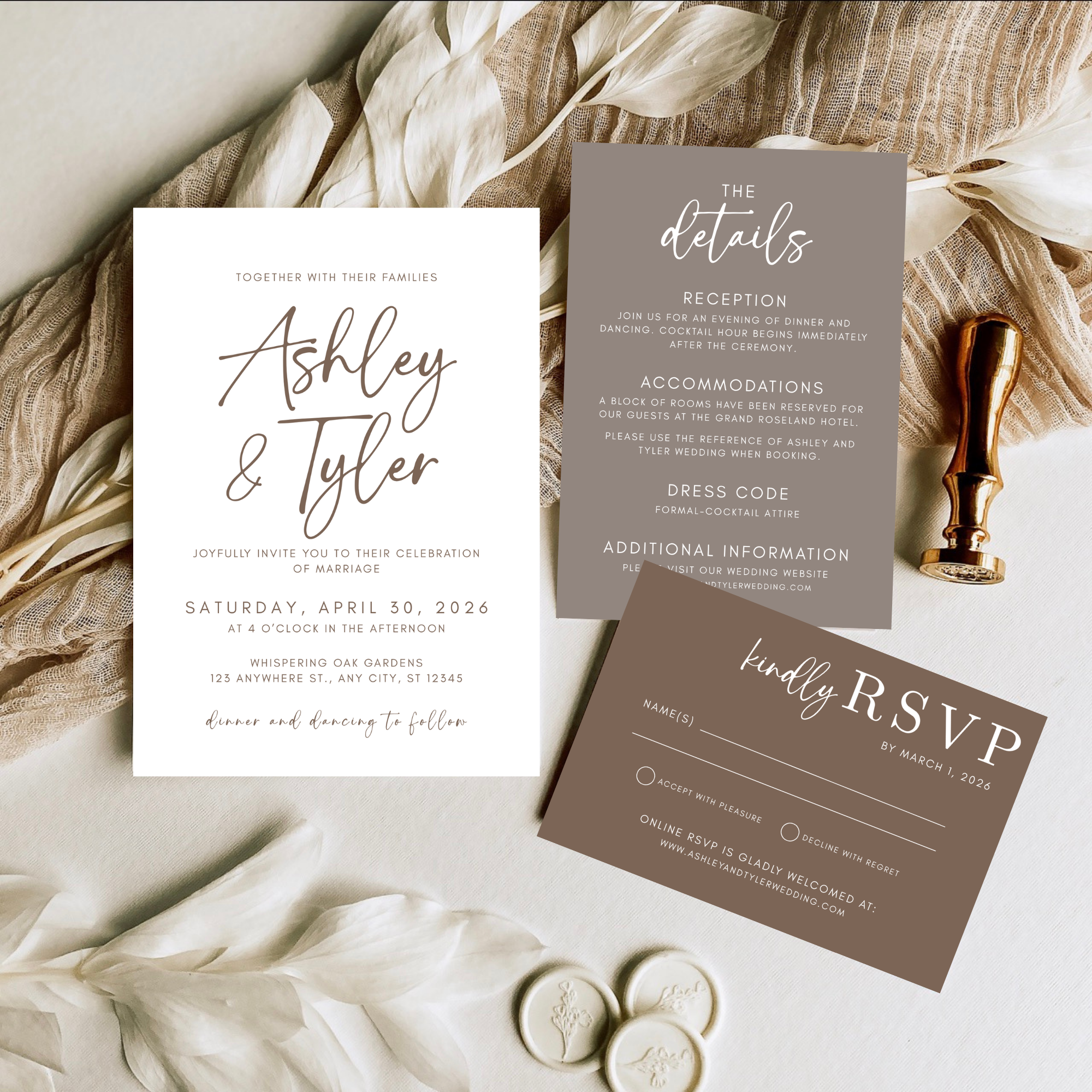 Neutral Boho Wedding Invitation Suite Template | Editable Canva Wedding Invite Set | Taupe Minimalist Wedding Details & RSVP Card