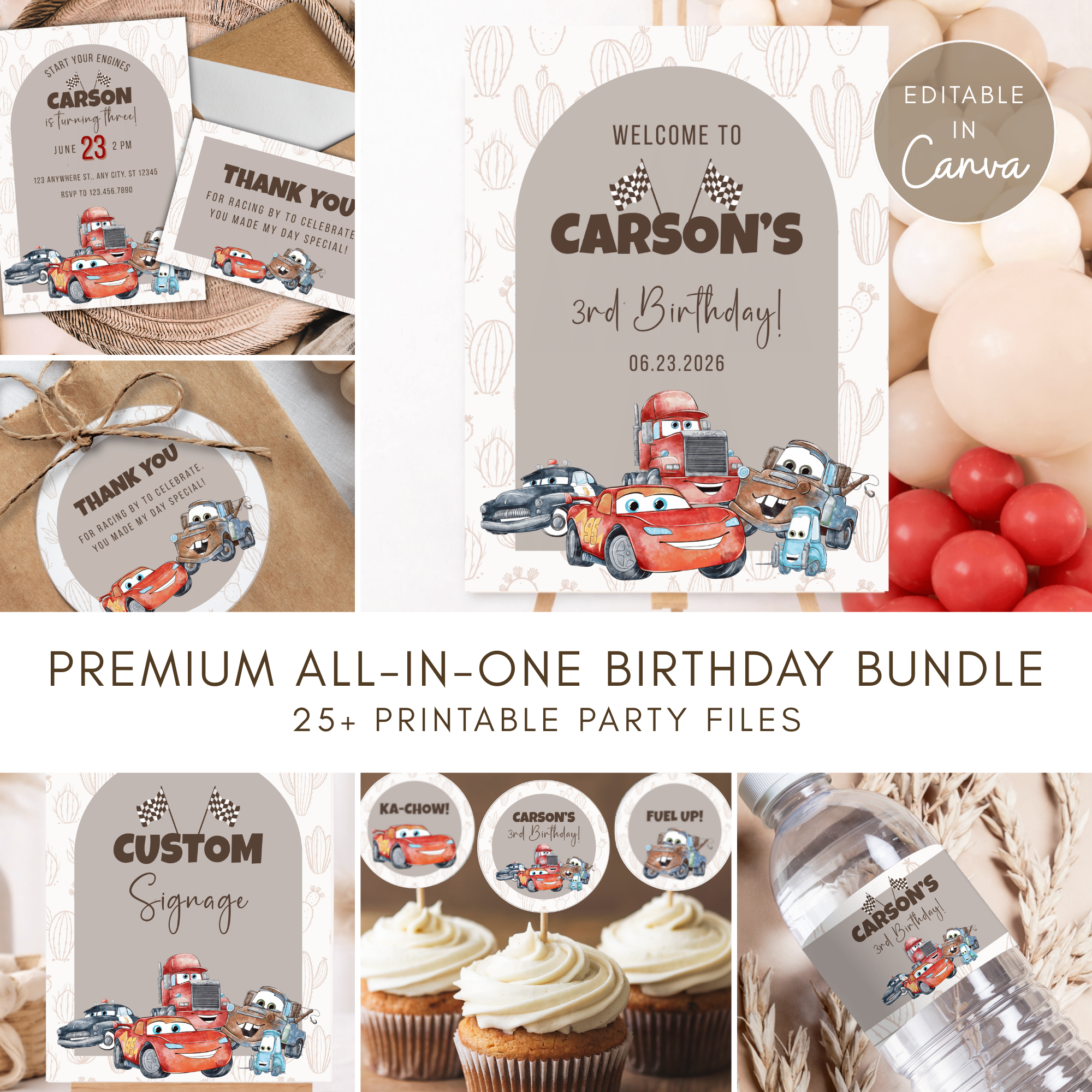 Race Car Birthday Bundle Template | Editable Canva Racing Party Decorations | Neutral Racing Theme Birthday Party Printable Set