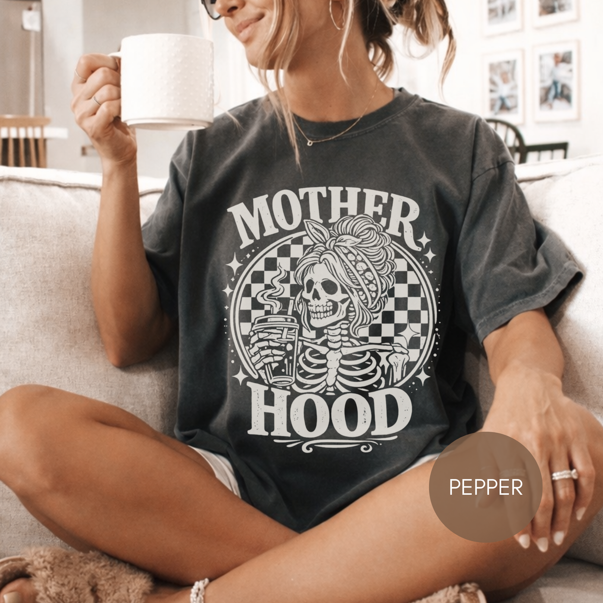 Motherhood Skeleton Coffee Shirt | Mom Life Graphic Tee | Funny Mom Shirt | Trendy Mom Tee | Coffee Lover Mom Gift