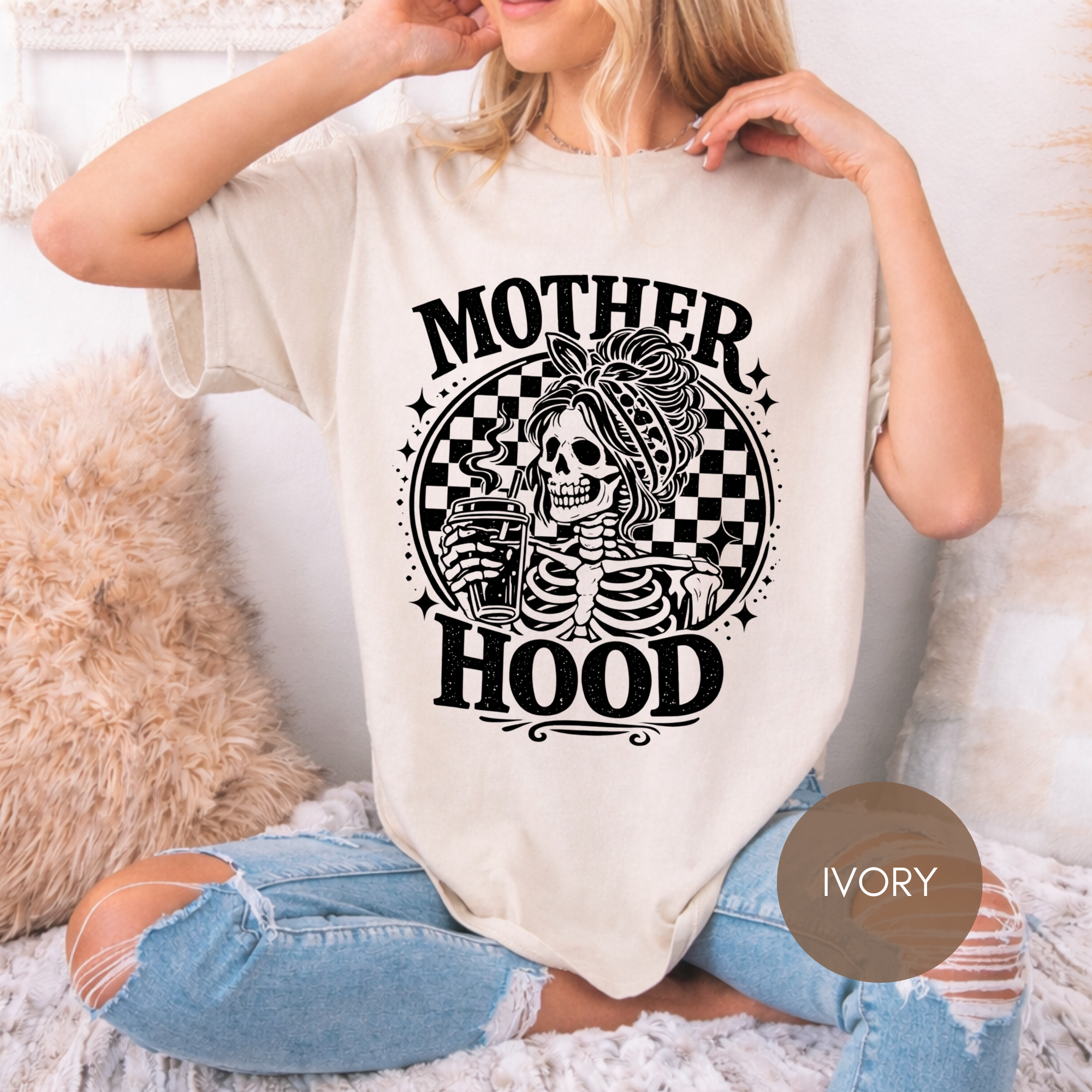 Motherhood Skeleton Coffee Shirt | Mom Life Graphic Tee | Funny Mom Shirt | Trendy Mom Tee | Coffee Lover Mom Gift