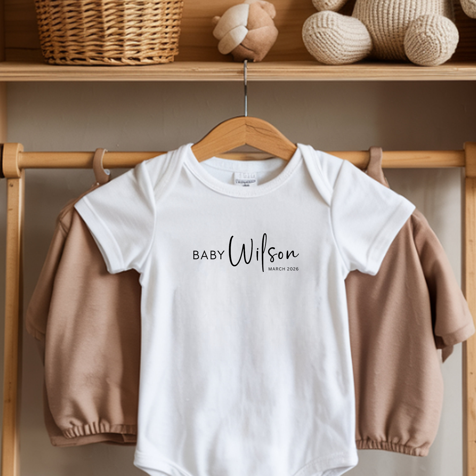 Personalized Baby Announcement Onesie | Custom Name & Date Rabbit Skins 4424 Infant Bodysuit | Pregnancy Reveal Outfit | New Baby Announcement