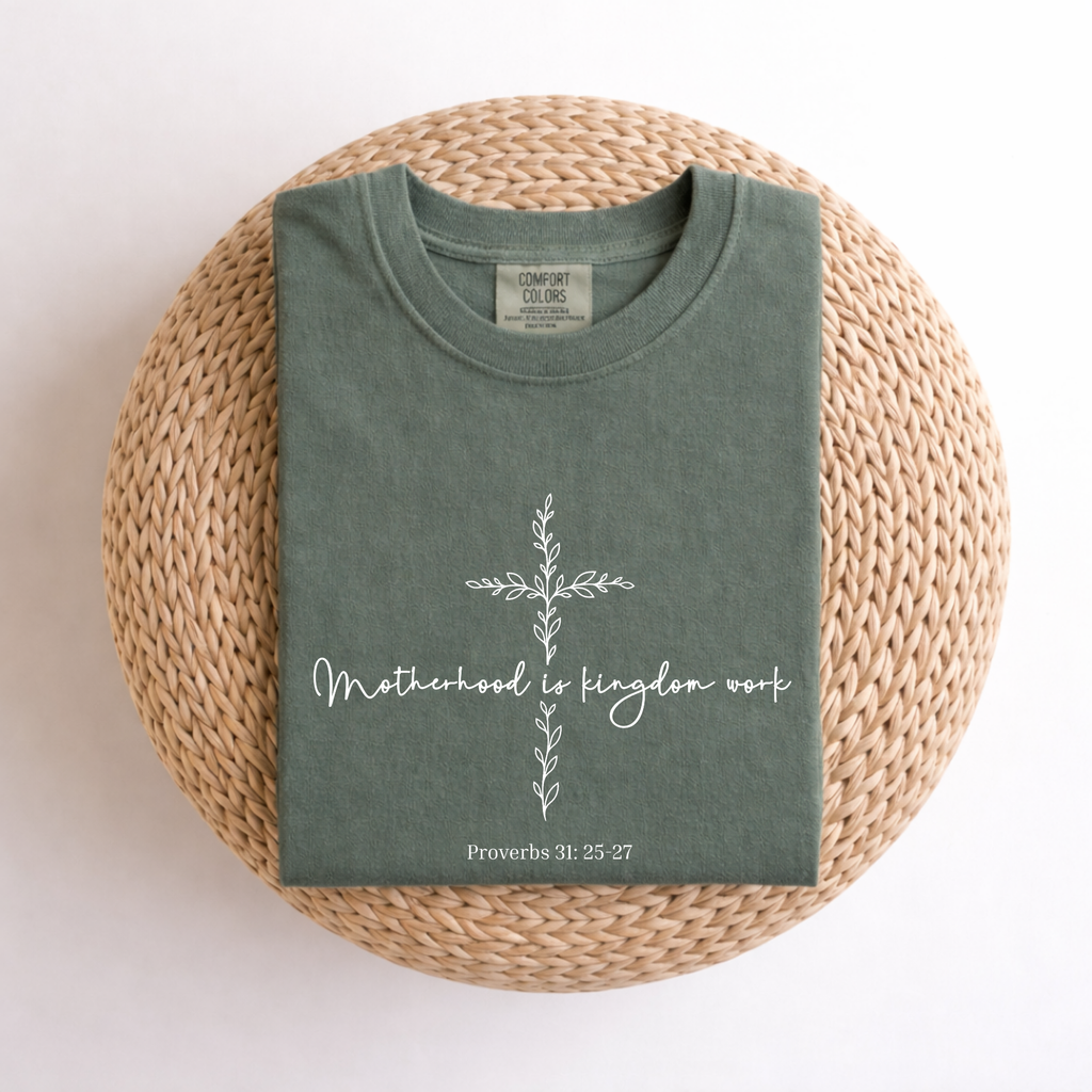Motherhood Is Kingdom Work T-Shirt — Minimalist Cross Tee