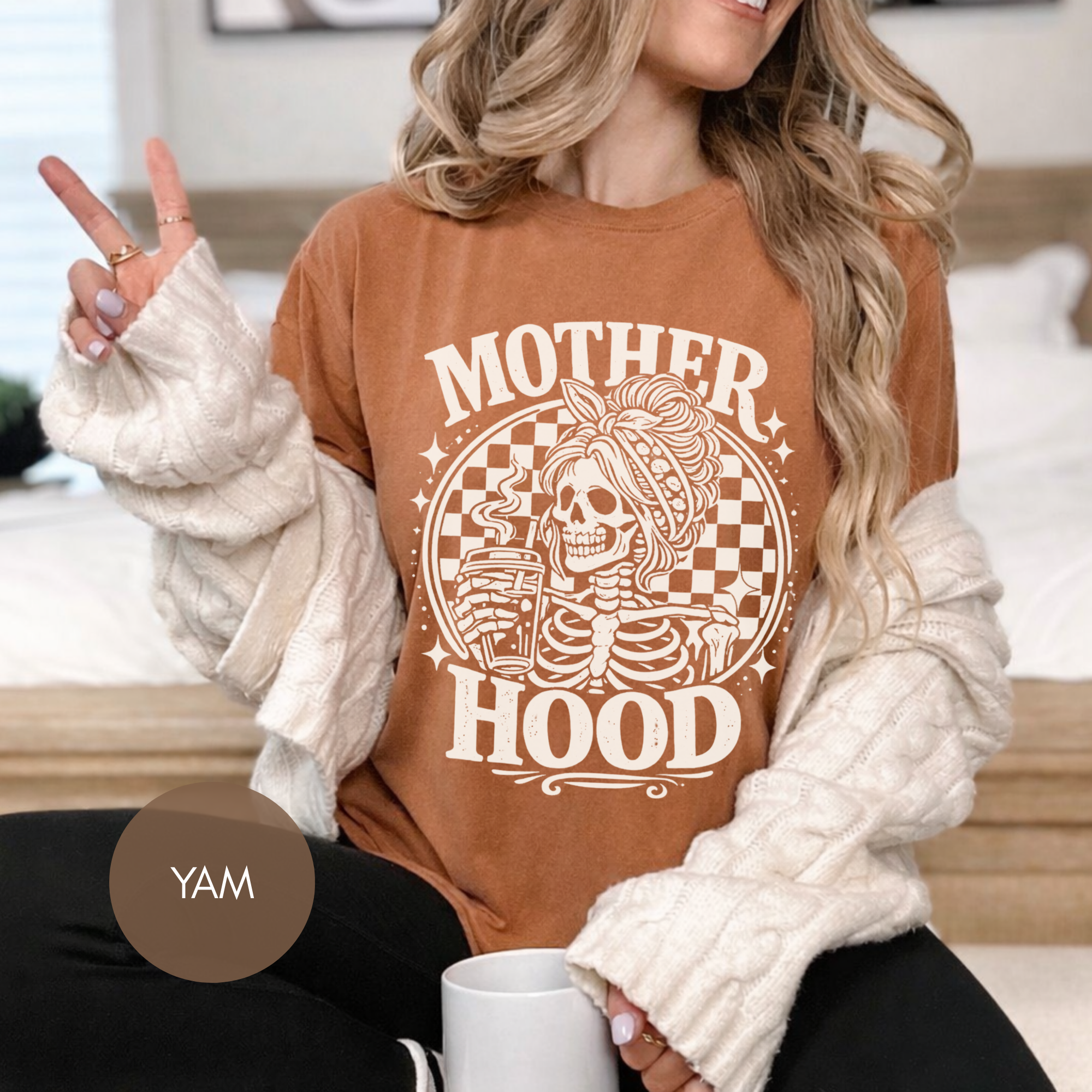 Motherhood Skeleton Coffee Shirt | Mom Life Graphic Tee | Funny Mom Shirt | Trendy Mom Tee | Coffee Lover Mom Gift