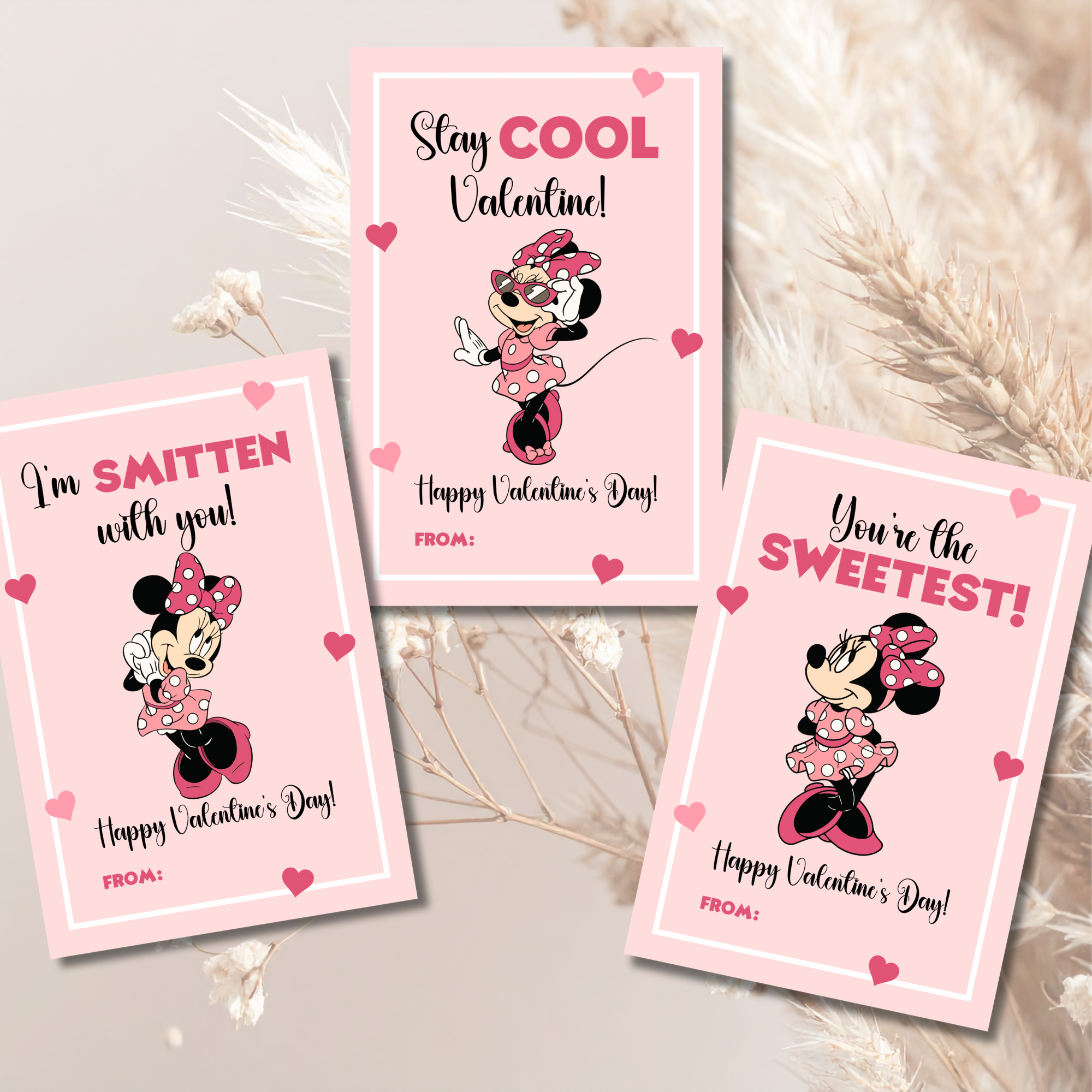 Kids Pink Bow Valentine Cards Printable | Cute Girl Valentine Classroom Cards | Square Kids Valentines Instant Download