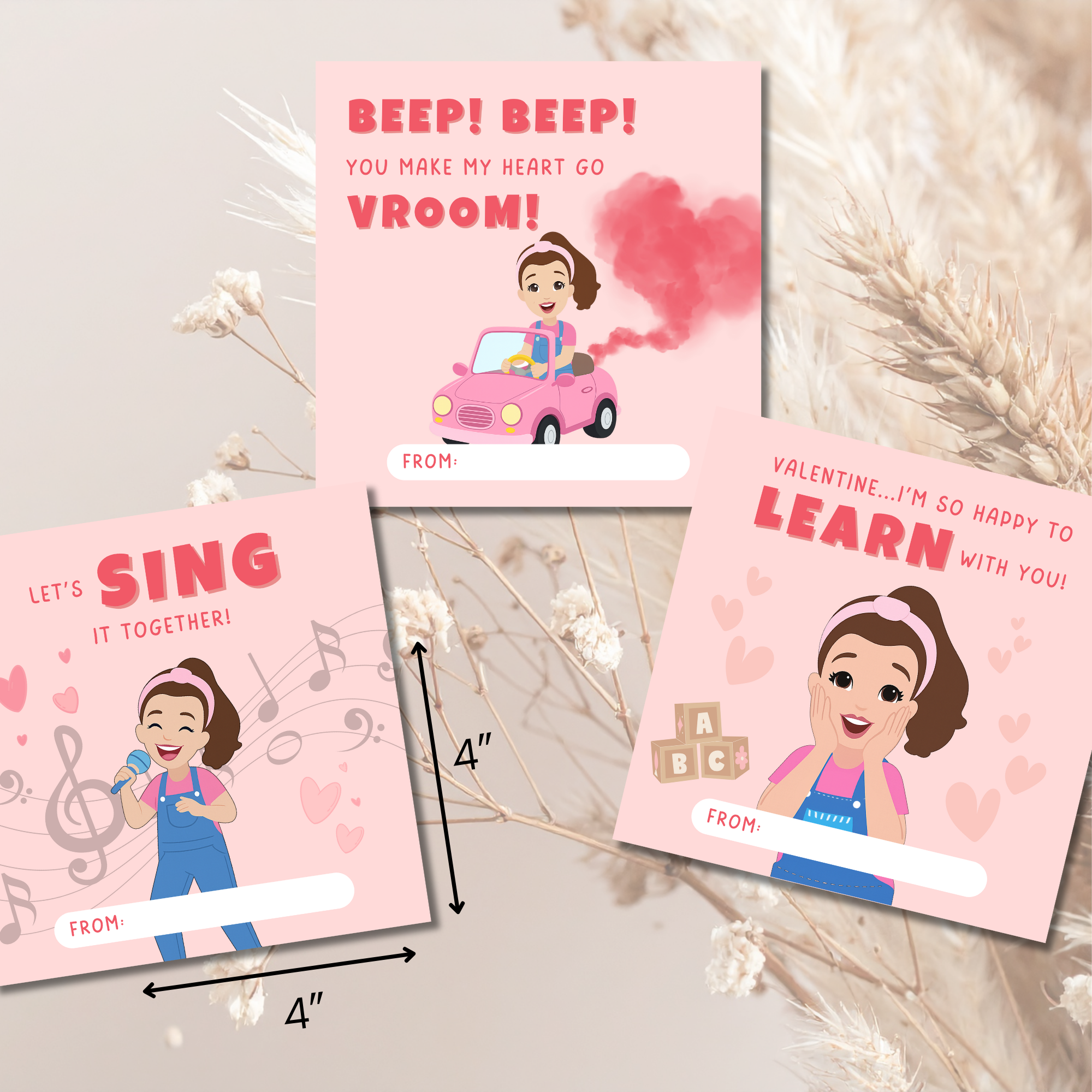 Kids Printable Valentine Cards | Singing Girl Classroom Valentines | Square Kids Valentines | Instant Download School Valentine Set