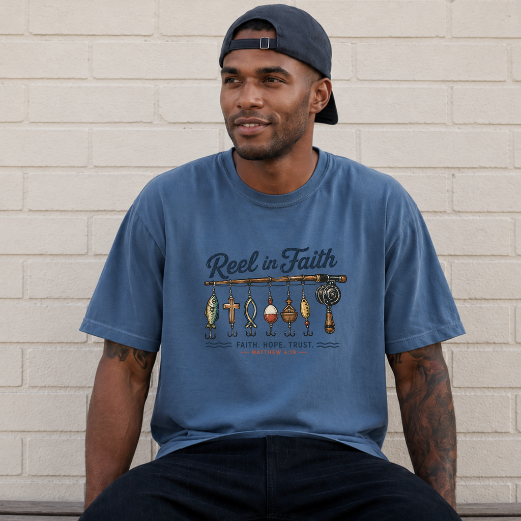 Reel in Faith T-Shirt — Fishing Christian Graphic Tee (Faith, Hope, Trust - Matthew 17:20)