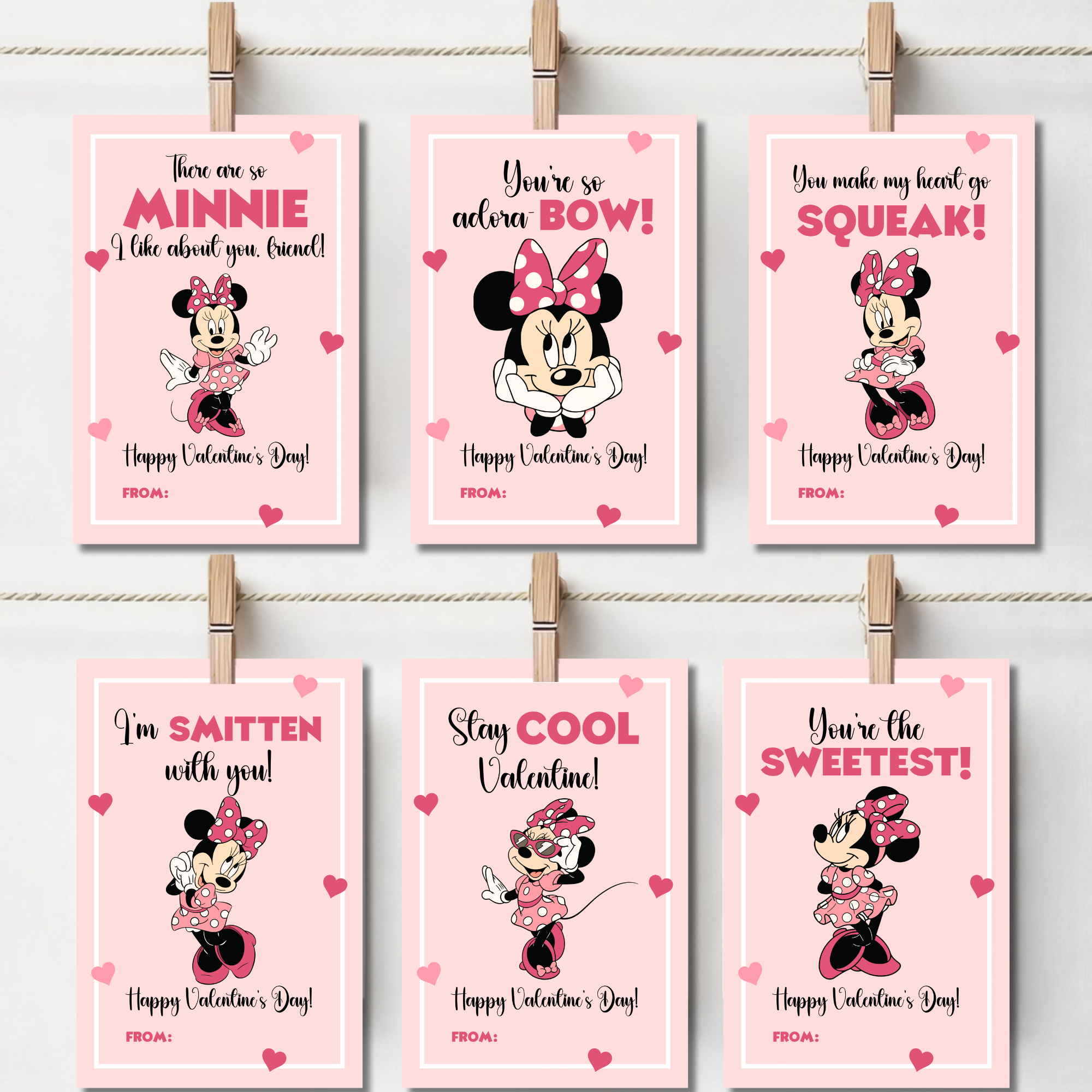 Kids Pink Bow Valentine Cards Printable | Cute Girl Valentine Classroom Cards | Square Kids Valentines Instant Download