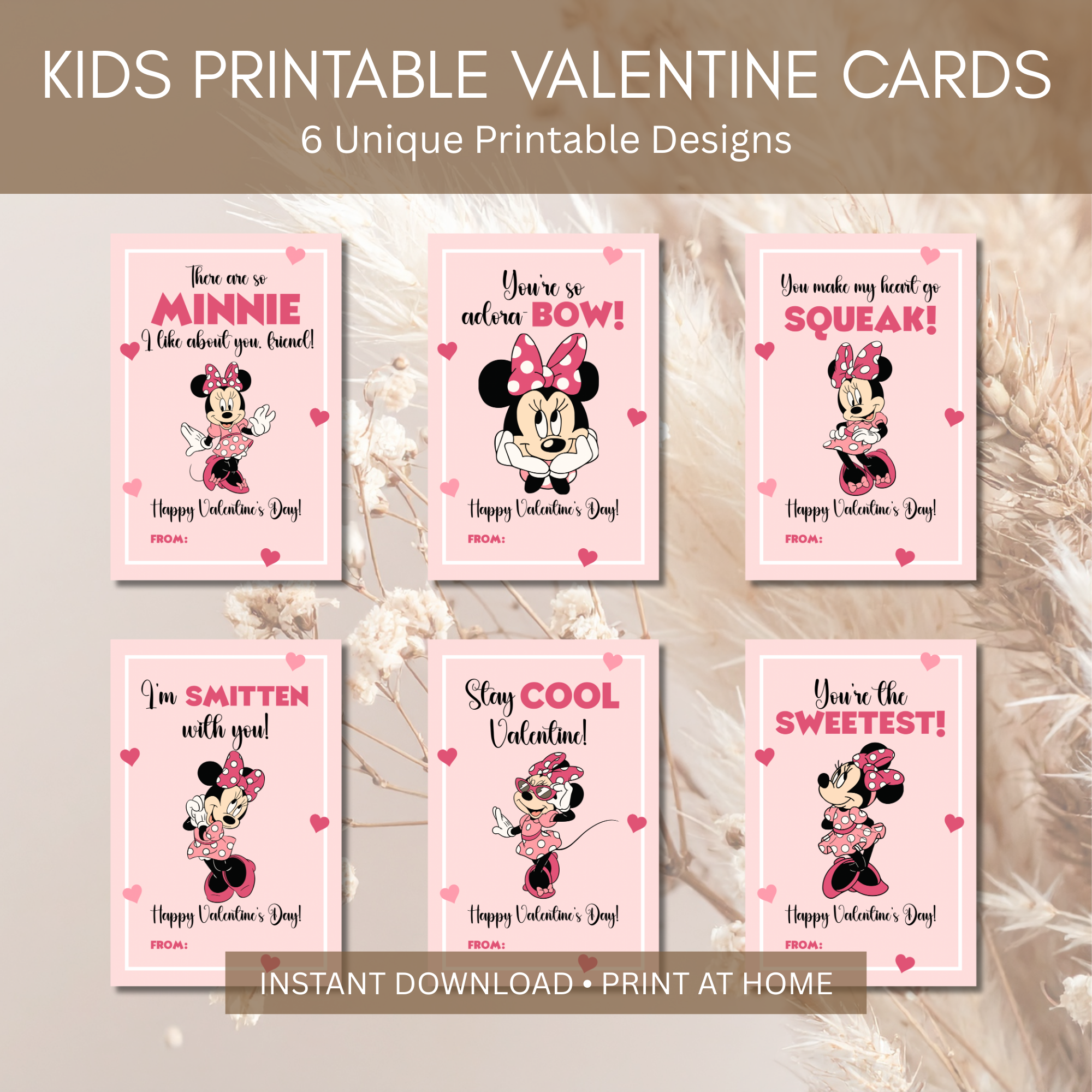 Kids Pink Bow Valentine Cards Printable | Cute Girl Valentine Classroom Cards | Square Kids Valentines Instant Download