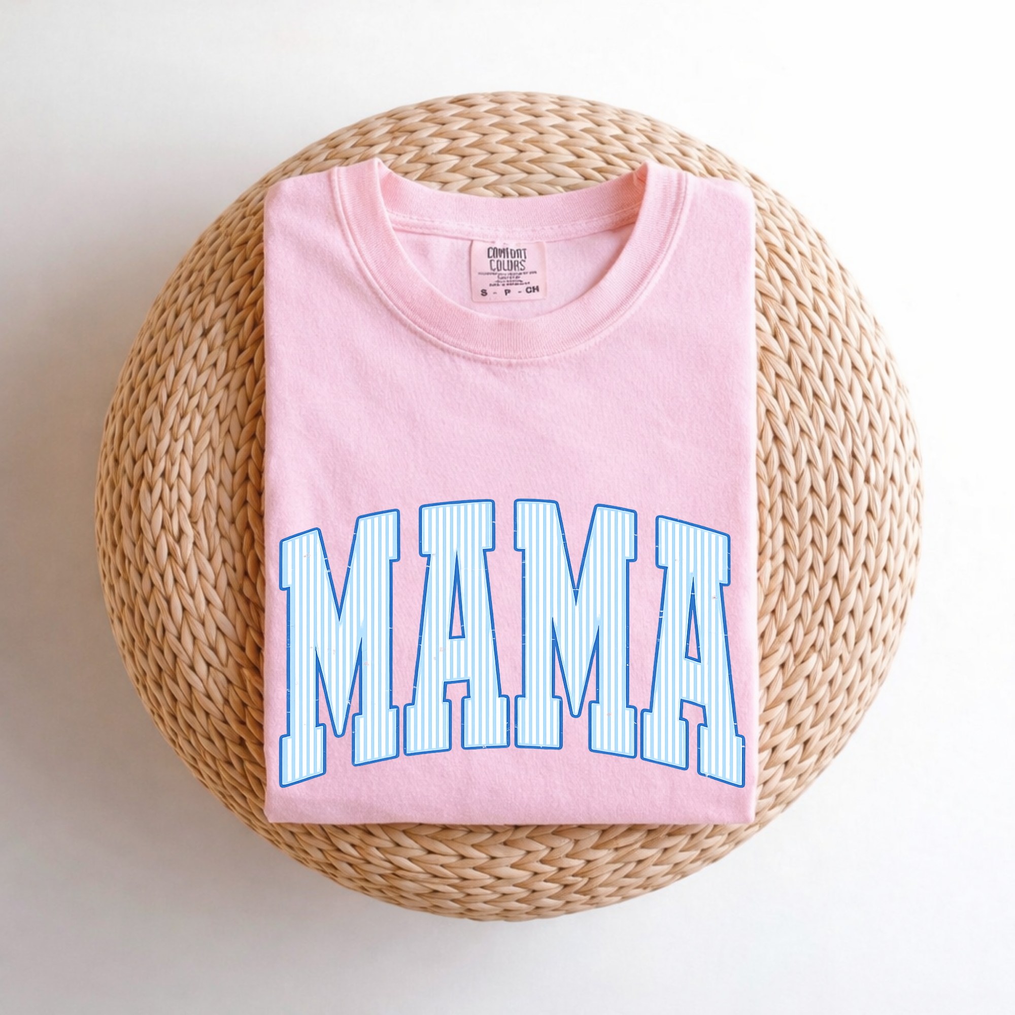 Mama Seersucker Graphic T-Shirt, Blue Mama Shirt, Retro Varsity Mama Tee, Motherhood Shirt, Comfort Colors Tee