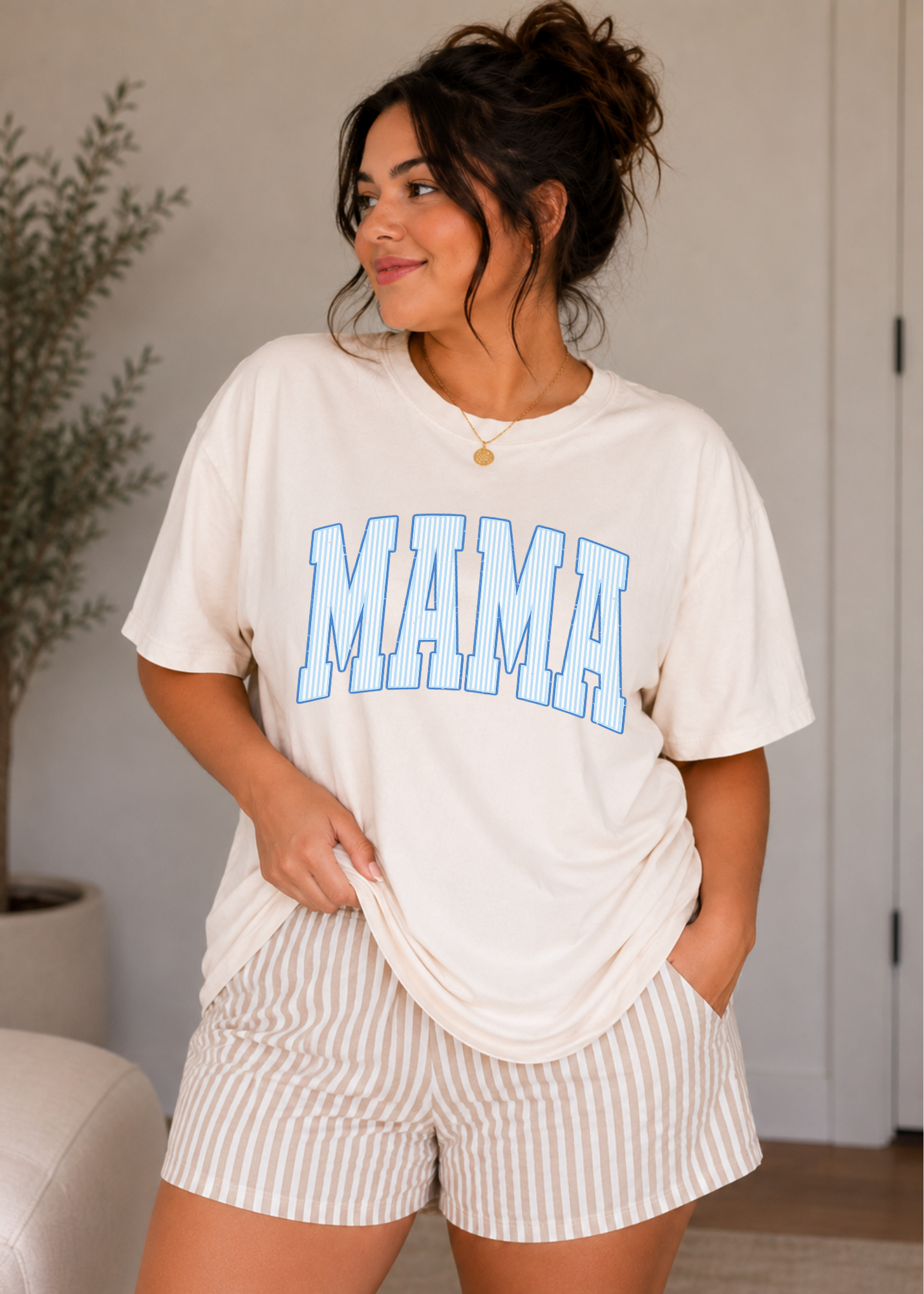 Mama Seersucker Graphic T-Shirt, Blue Mama Shirt, Retro Varsity Mama Tee, Motherhood Shirt, Comfort Colors Tee
