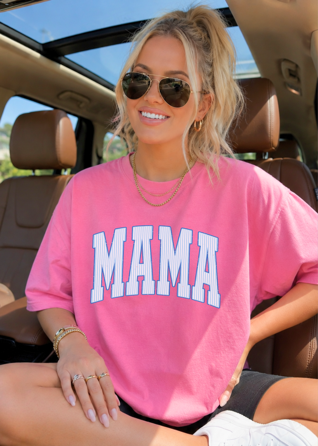 Mama Seersucker Graphic T-Shirt, Blue Mama Shirt, Retro Varsity Mama Tee, Motherhood Shirt, Comfort Colors Tee