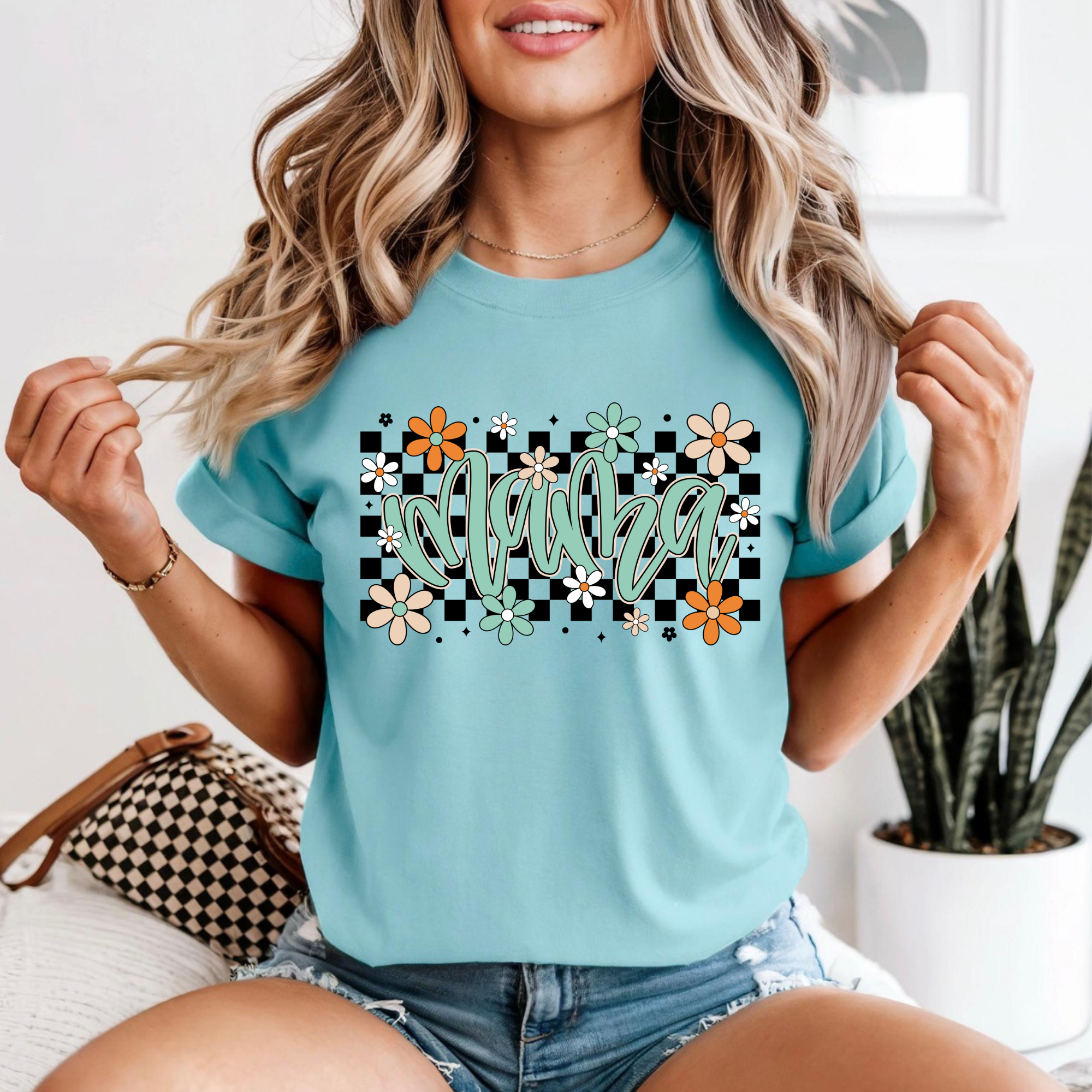 Floral Checkered Mama Tee, Retro Graphic TShirt, Trendy Mom Shirt, Mother’s Day Gift