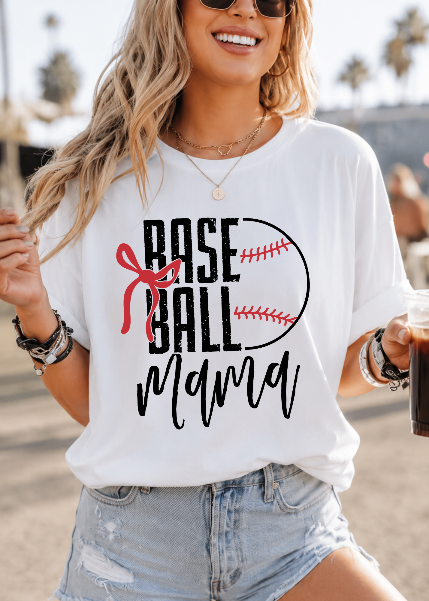 Baseball Mama T-Shirt – Cute Mom Baseball Shirt with Bow & Ball Graphic