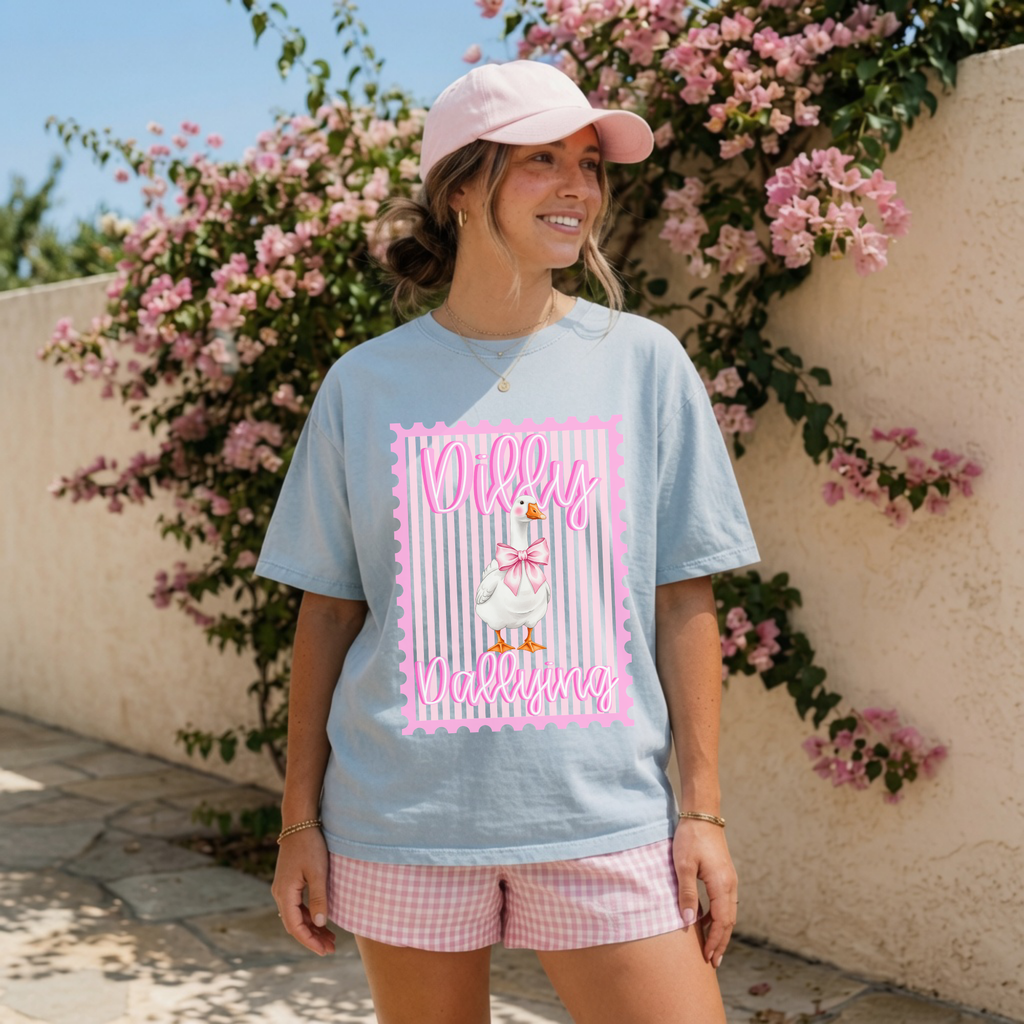 Dilly Dallying Goose Shirt | Pink Bow Goose Tee | Coquette Goose Shirt | Cute Girls Graphic Tee