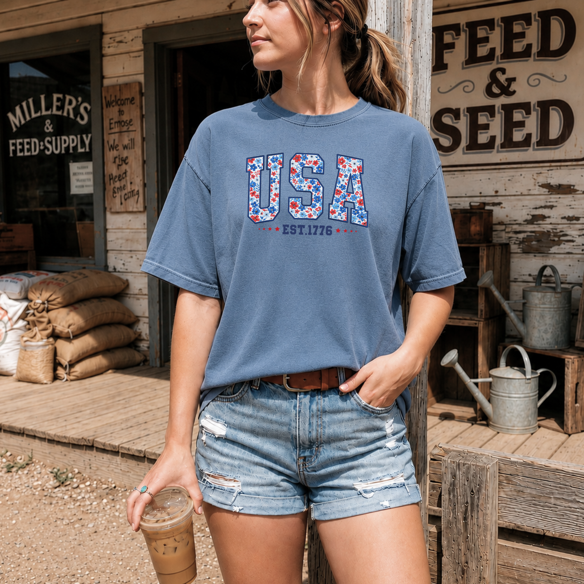 USA Floral Patriotic T-Shirt — "USA EST. 1776" Independence Day Tee