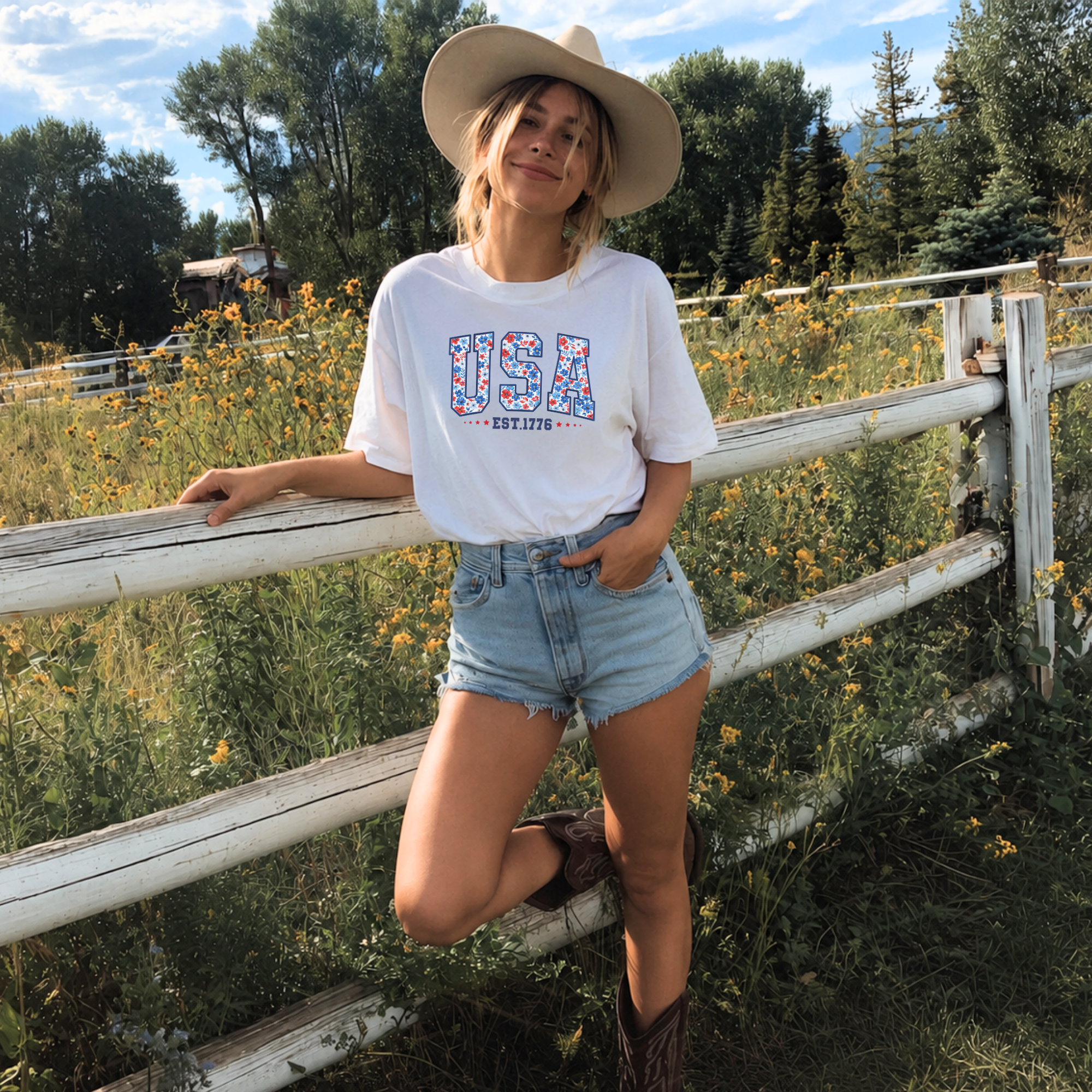 USA Floral Patriotic T-Shirt — "USA EST. 1776" Independence Day Tee