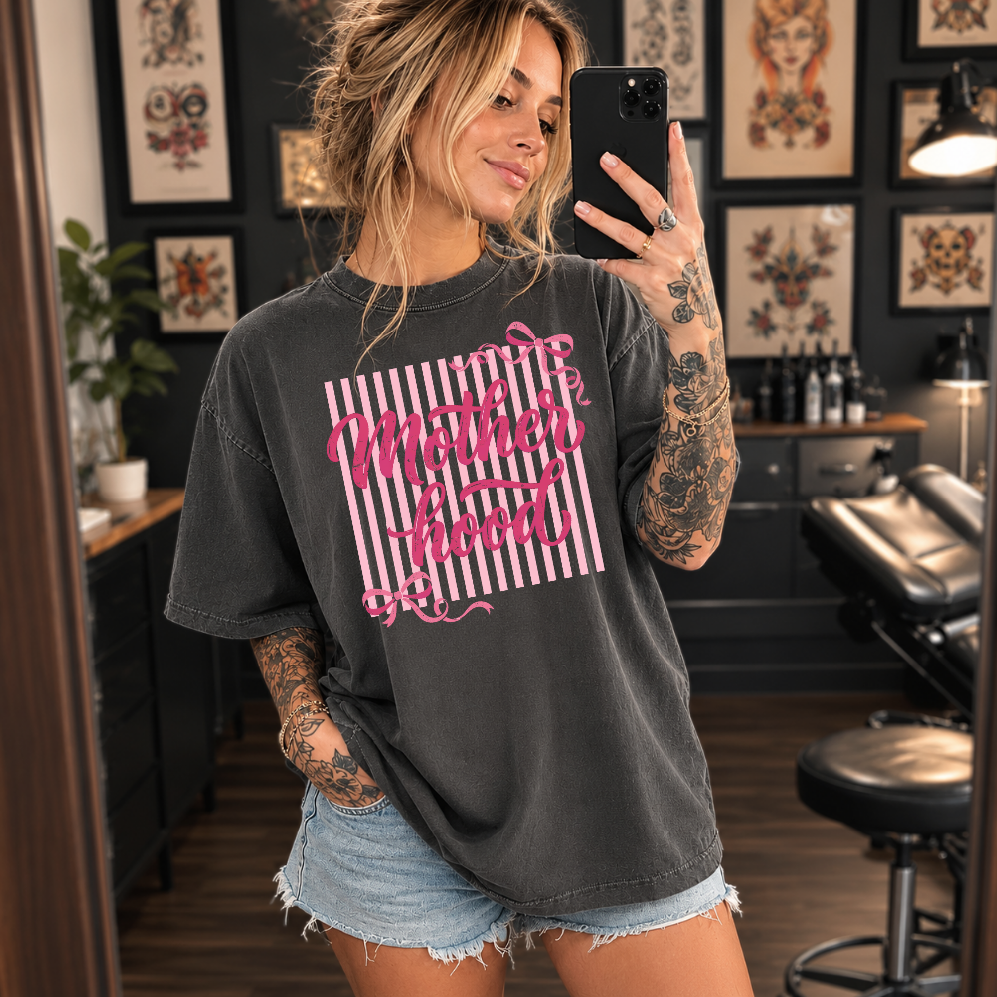 Motherhood Script T-Shirt — Pink Striped Tee