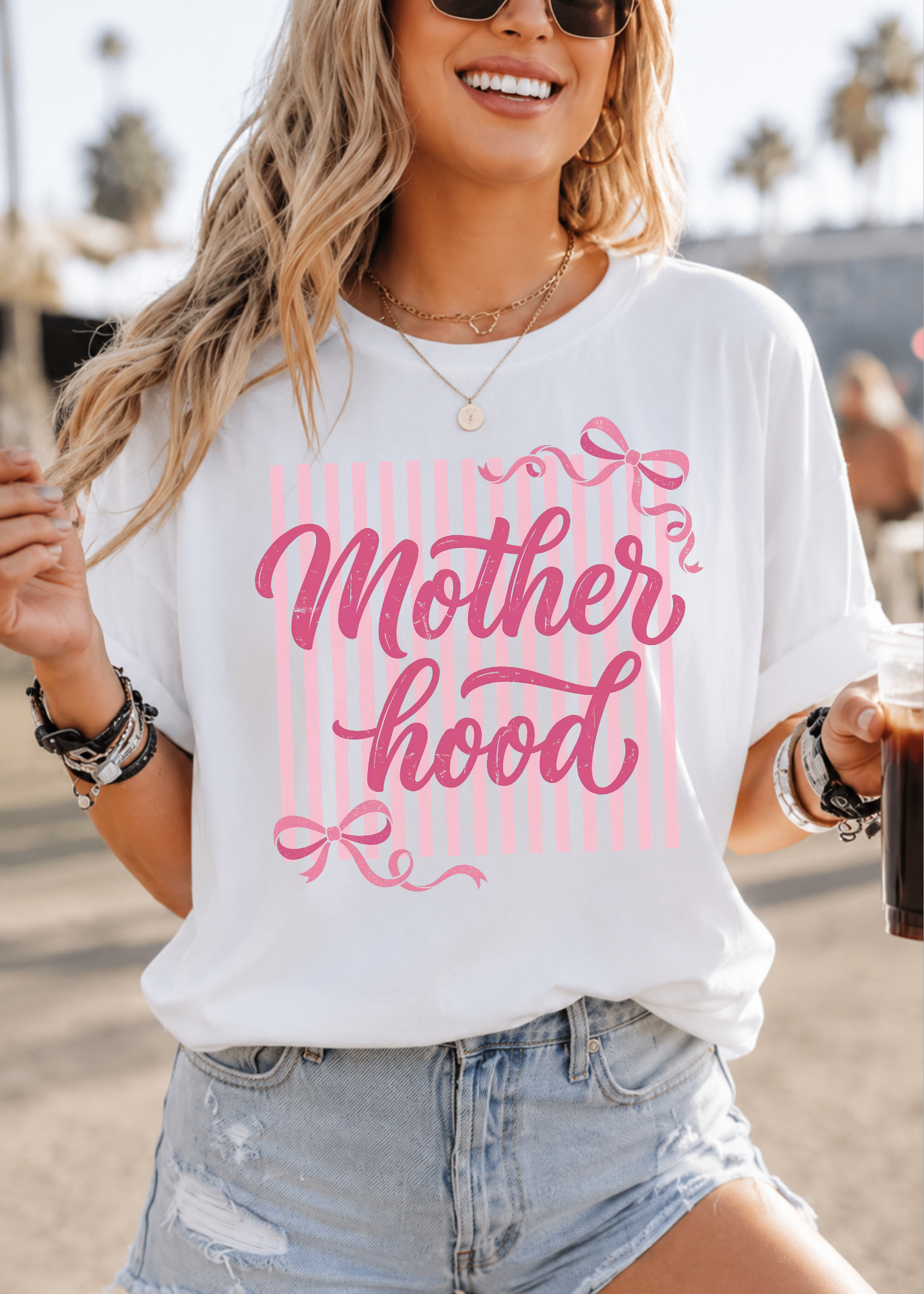 Motherhood Script T-Shirt — Pink Striped Tee