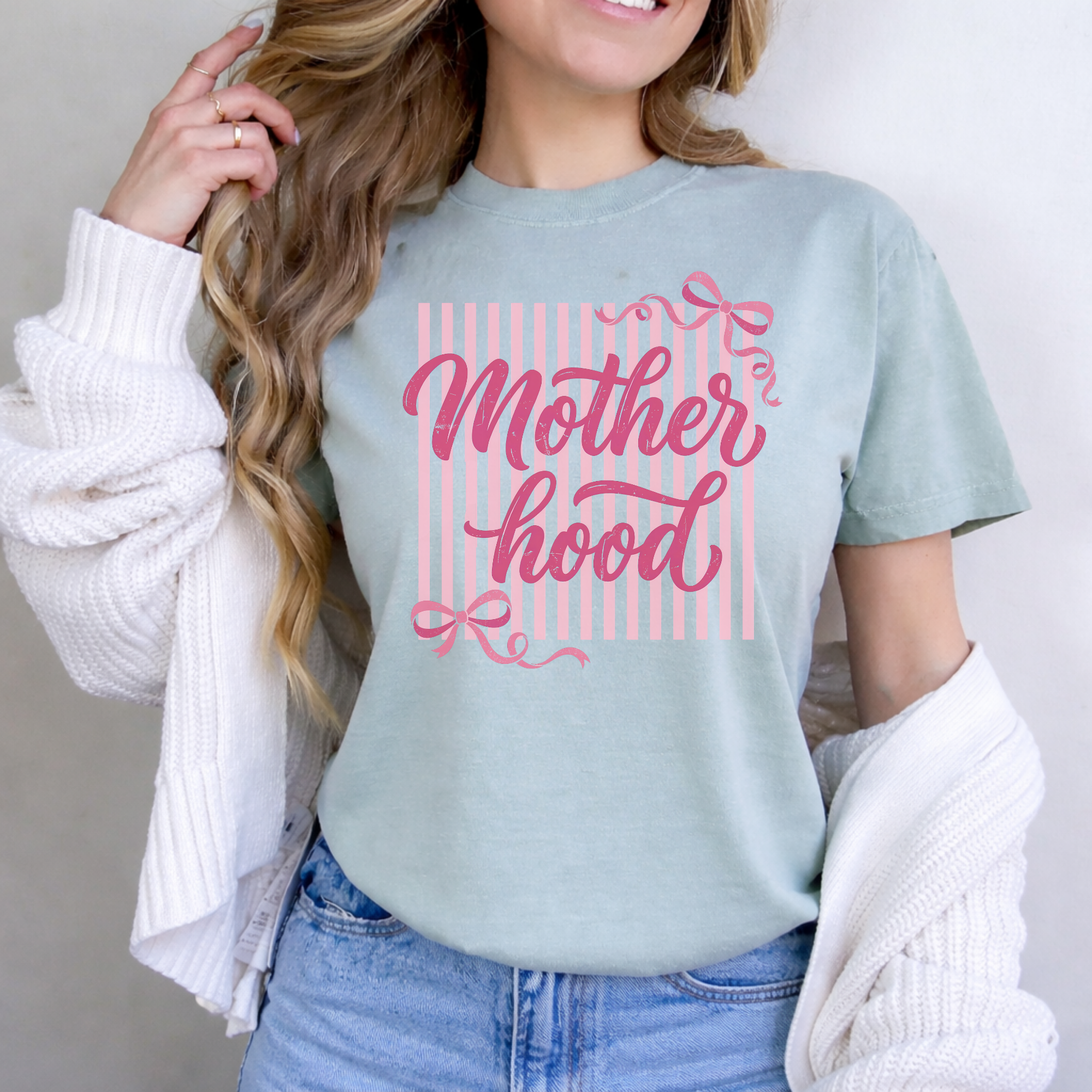 Motherhood Script T-Shirt — Pink Striped Tee