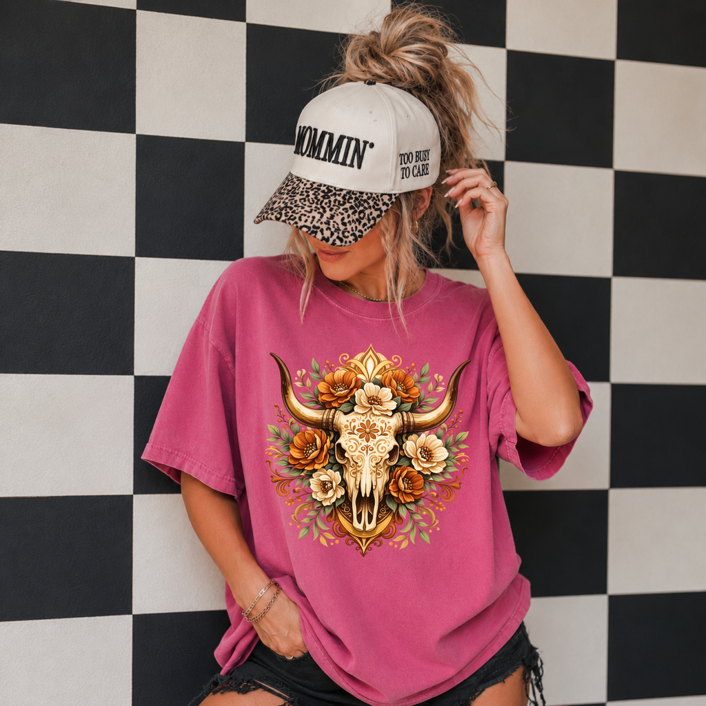 Western Floral Bull Skull T-Shirt — Rustic Cowgirl Floral Skull Tee
