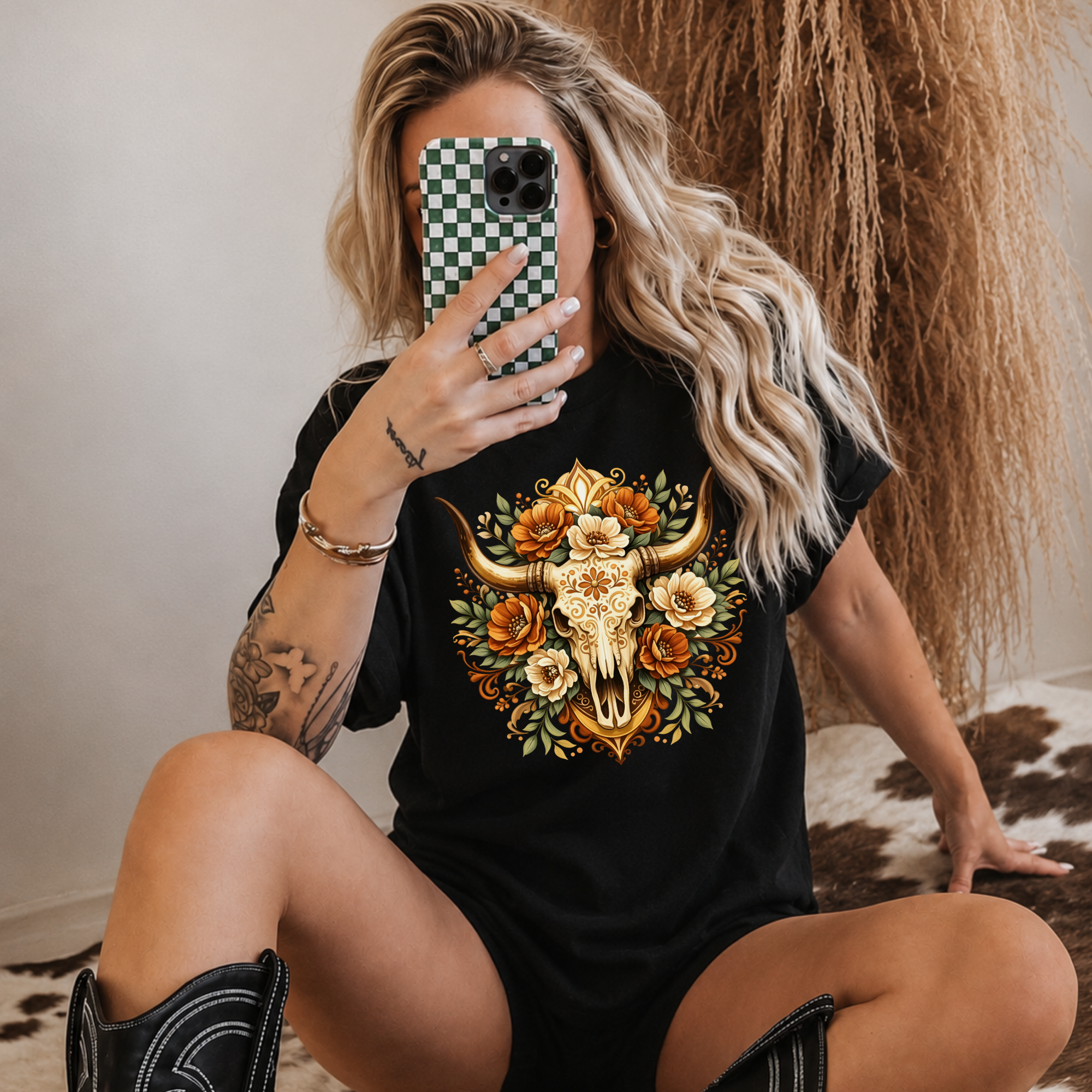 Western Floral Bull Skull T-Shirt — Rustic Cowgirl Floral Skull Tee