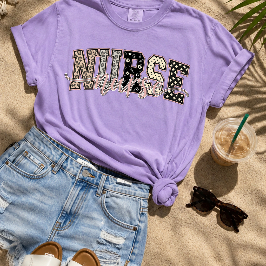 Nurse Graphic T-Shirt — "NURSE" Multi-Print Tee