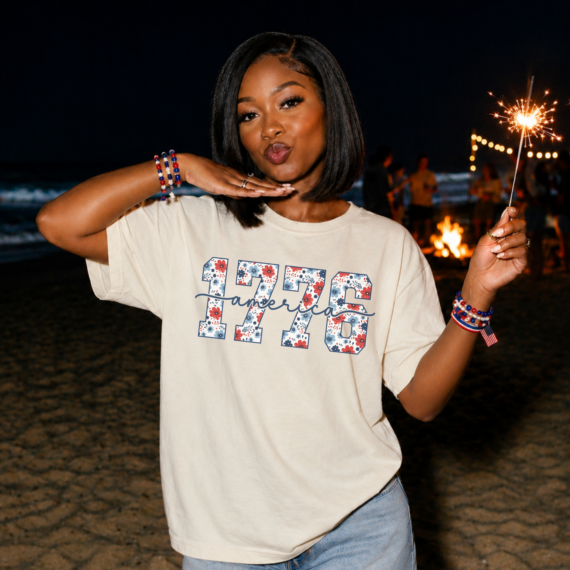1776 America Floral Script T-shirt — Patriotic Vintage Tee