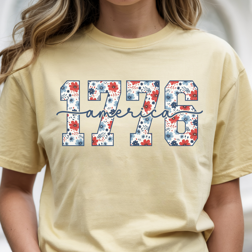 1776 America Floral Script T-shirt — Patriotic Vintage Tee