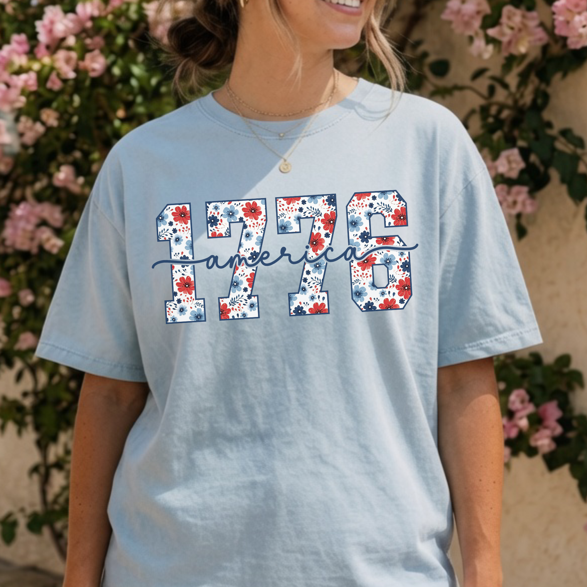 1776 America Floral Script T-shirt — Patriotic Vintage Tee