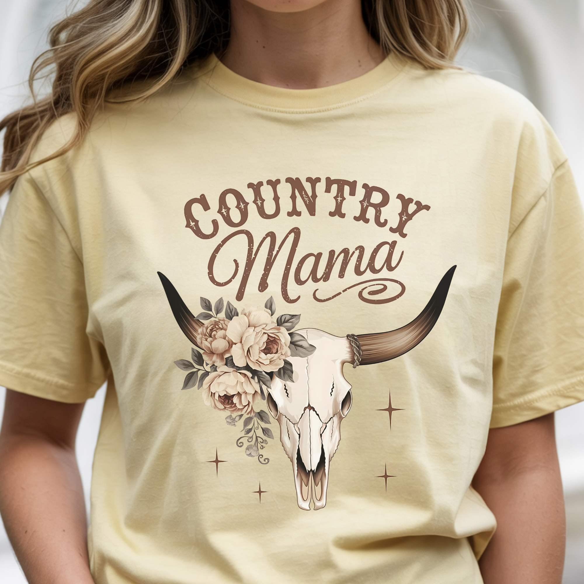 Country Mama T-Shirt — Floral Bull Skull Graphic Tee