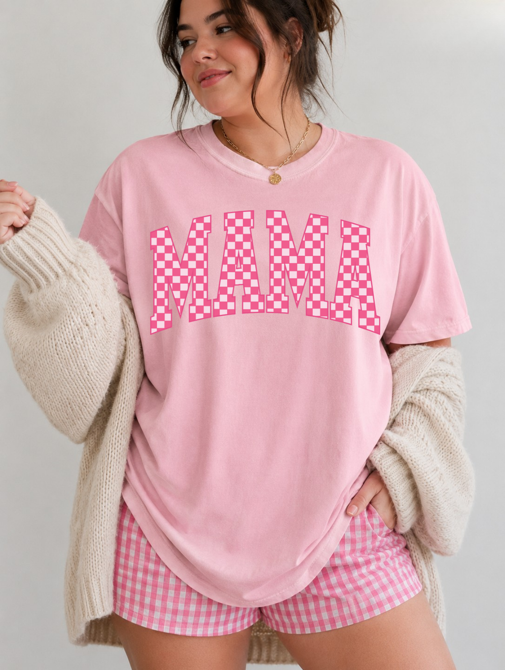 Mama Checkerboard T-Shirt — Pink Retro Graphic Tee for Moms