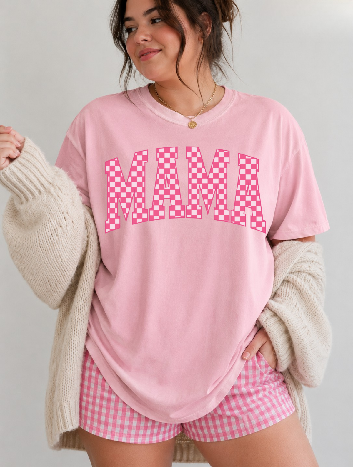 Mama Checkerboard T-Shirt — Pink Retro Graphic Tee for Moms