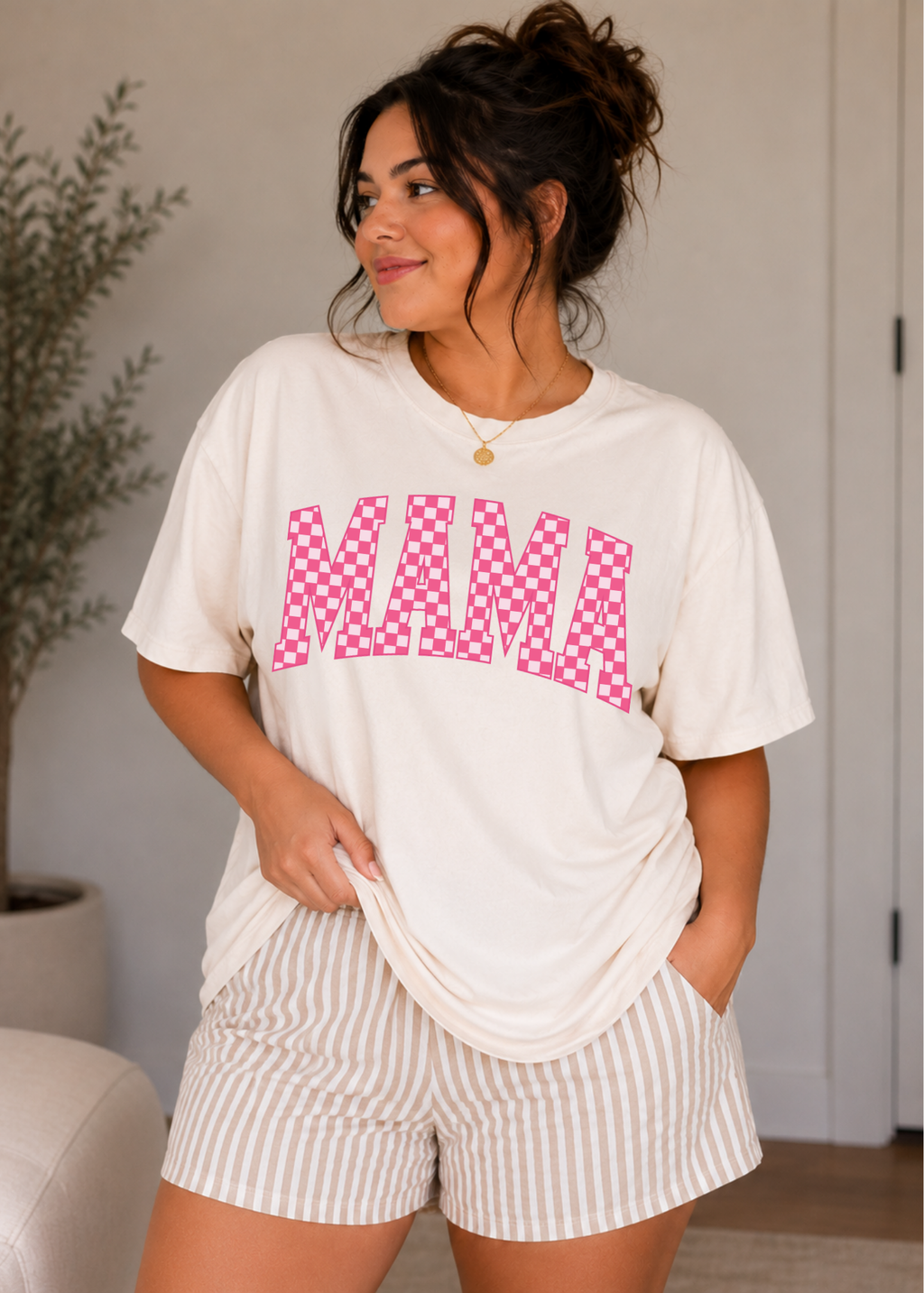 Mama Checkerboard T-Shirt — Pink Retro Graphic Tee for Moms