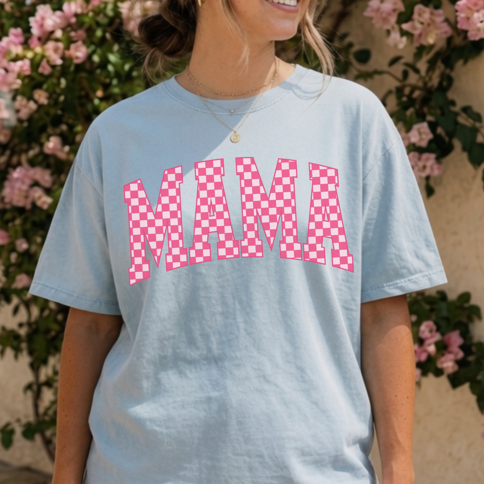 Mama Checkerboard T-Shirt — Pink Retro Graphic Tee for Moms