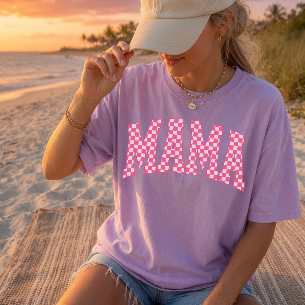 Mama Checkerboard T-Shirt — Pink Retro Graphic Tee for Moms