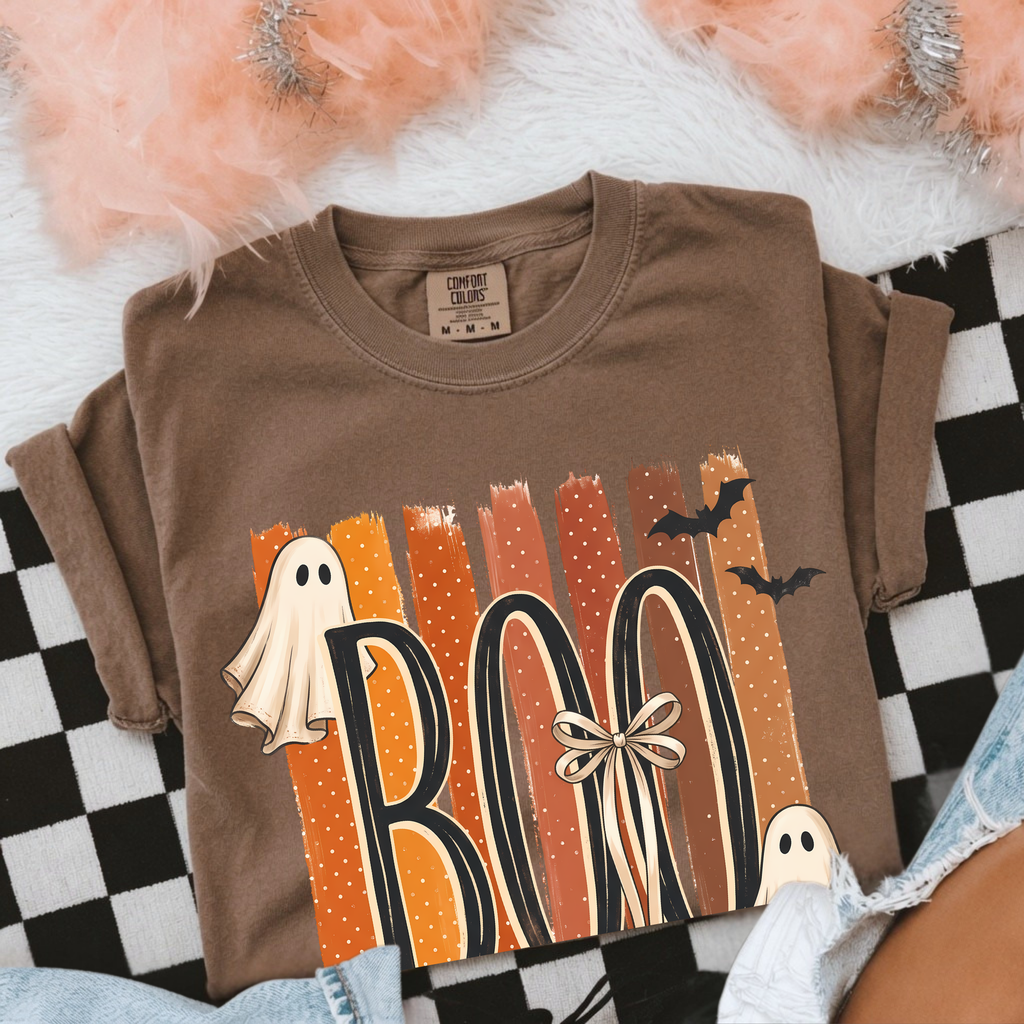 Halloween 'BOO' Ghost T-Shirt — Retro Orange Stripes Spooky Tee
