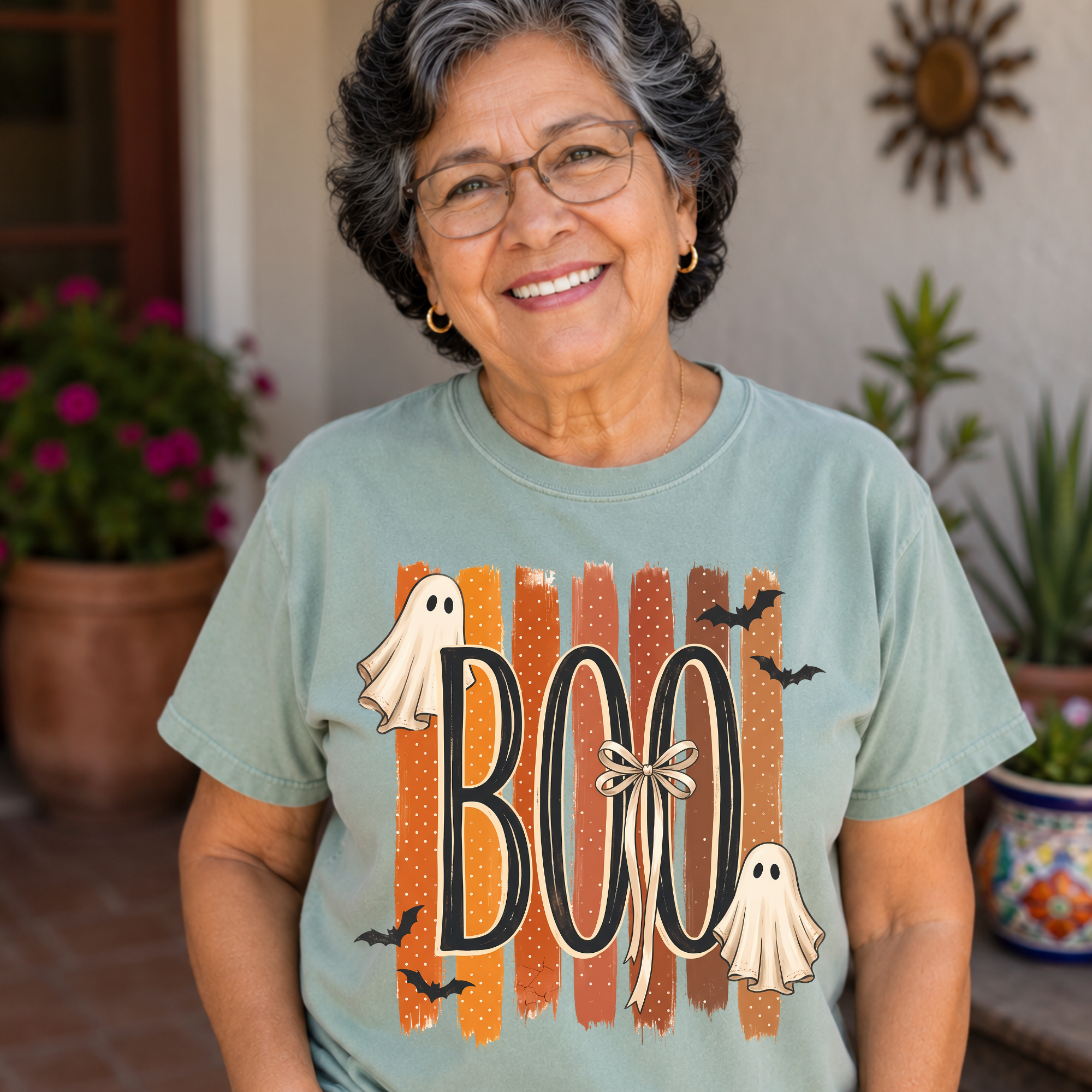 Halloween 'BOO' Ghost T-Shirt — Retro Orange Stripes Spooky Tee