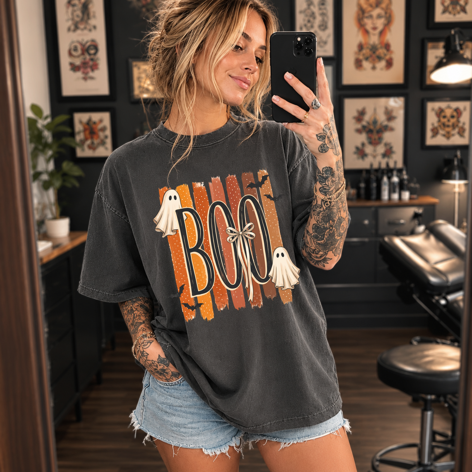 Halloween 'BOO' Ghost T-Shirt — Retro Orange Stripes Spooky Tee