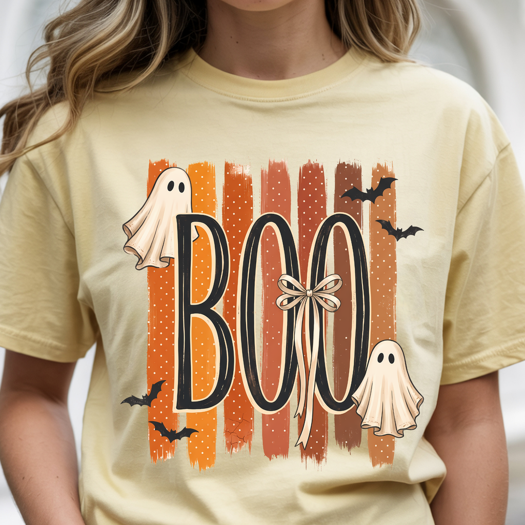 Halloween 'BOO' Ghost T-Shirt — Retro Orange Stripes Spooky Tee