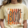 Halloween 'BOO' Ghost T-Shirt — Retro Orange Stripes Spooky Tee