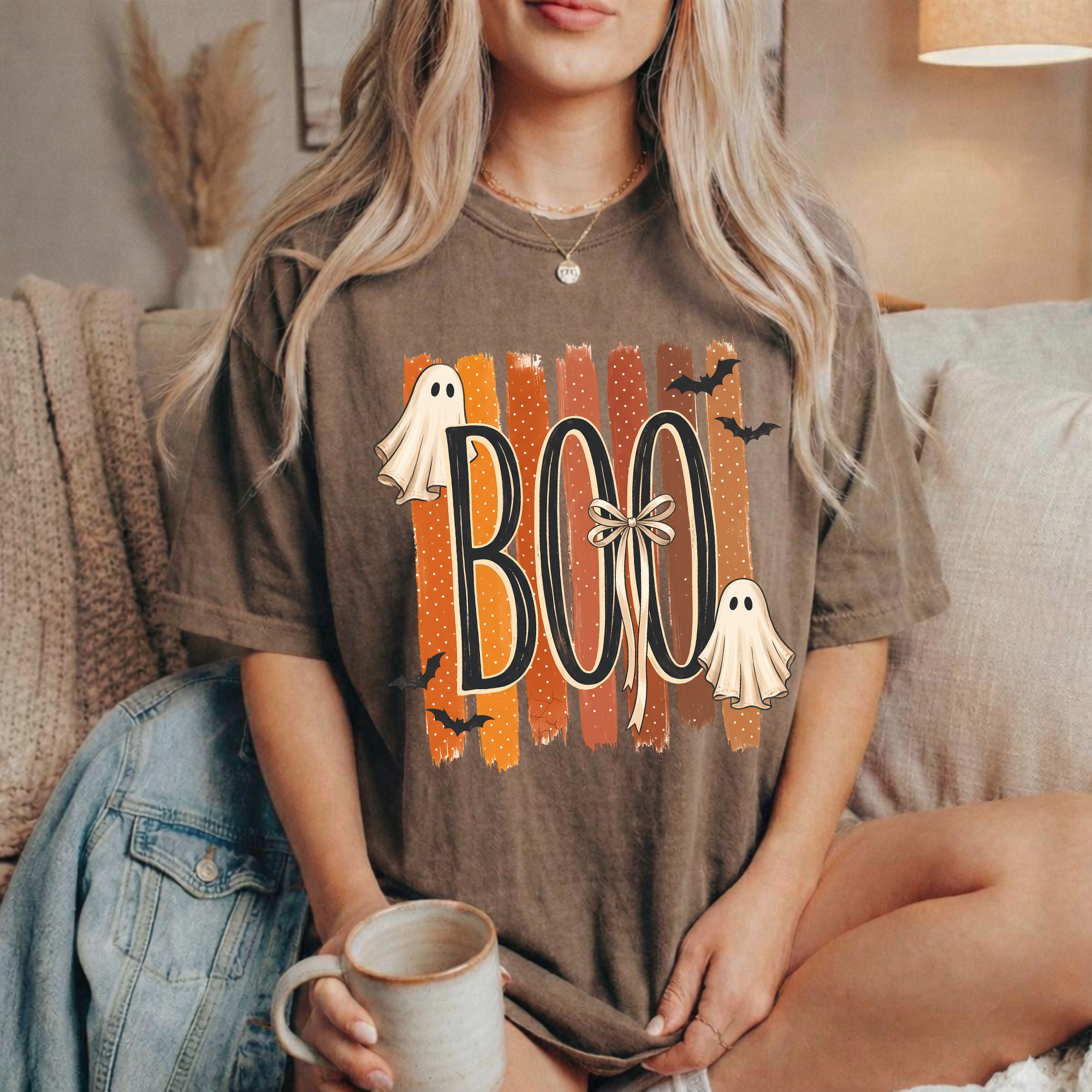 Halloween 'BOO' Ghost T-Shirt — Retro Orange Stripes Spooky Tee