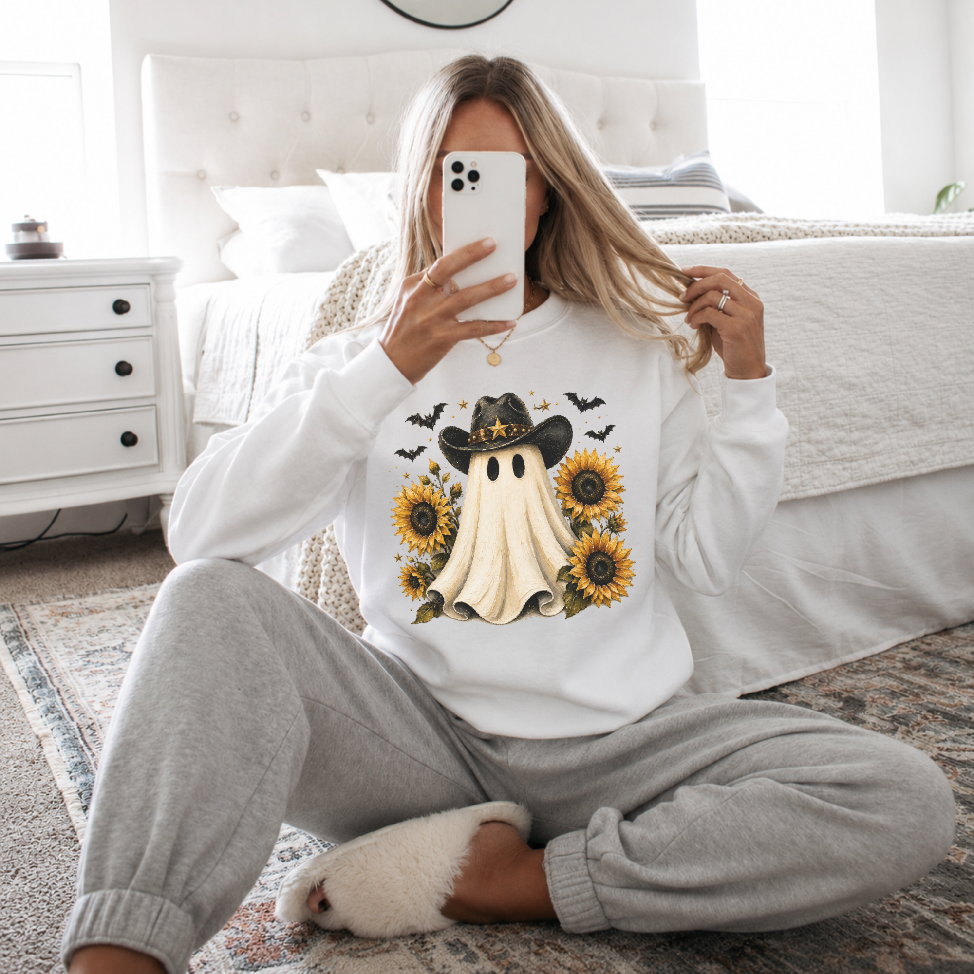 Cowboy Ghost Sweatshirt with Sunflowers – Cute Halloween Fall Pullover